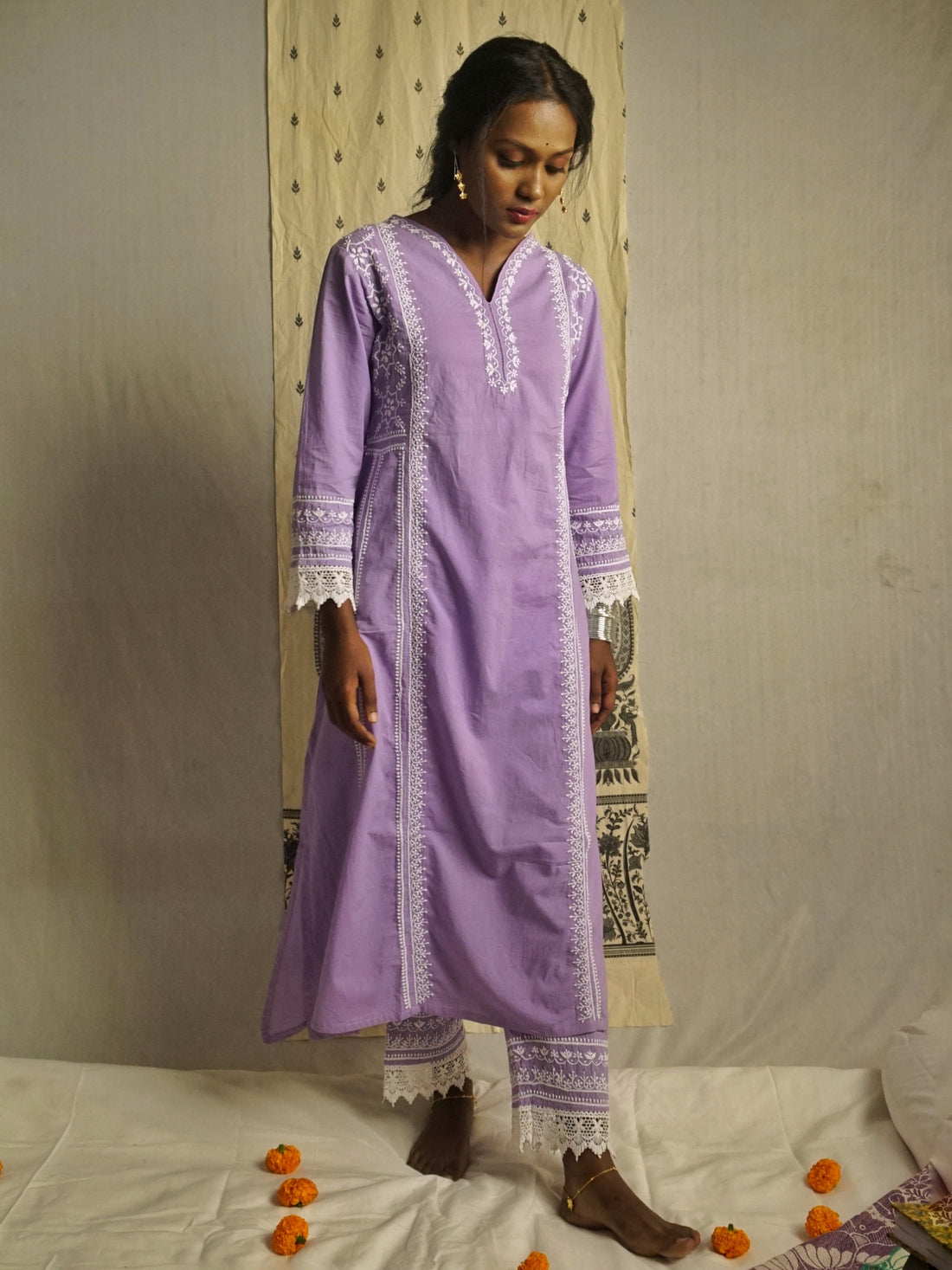 SEMAL CHIKANKARI COTTON PURPLE COLOUR LACE DETAILING PANNEL KURTA SET CH0228