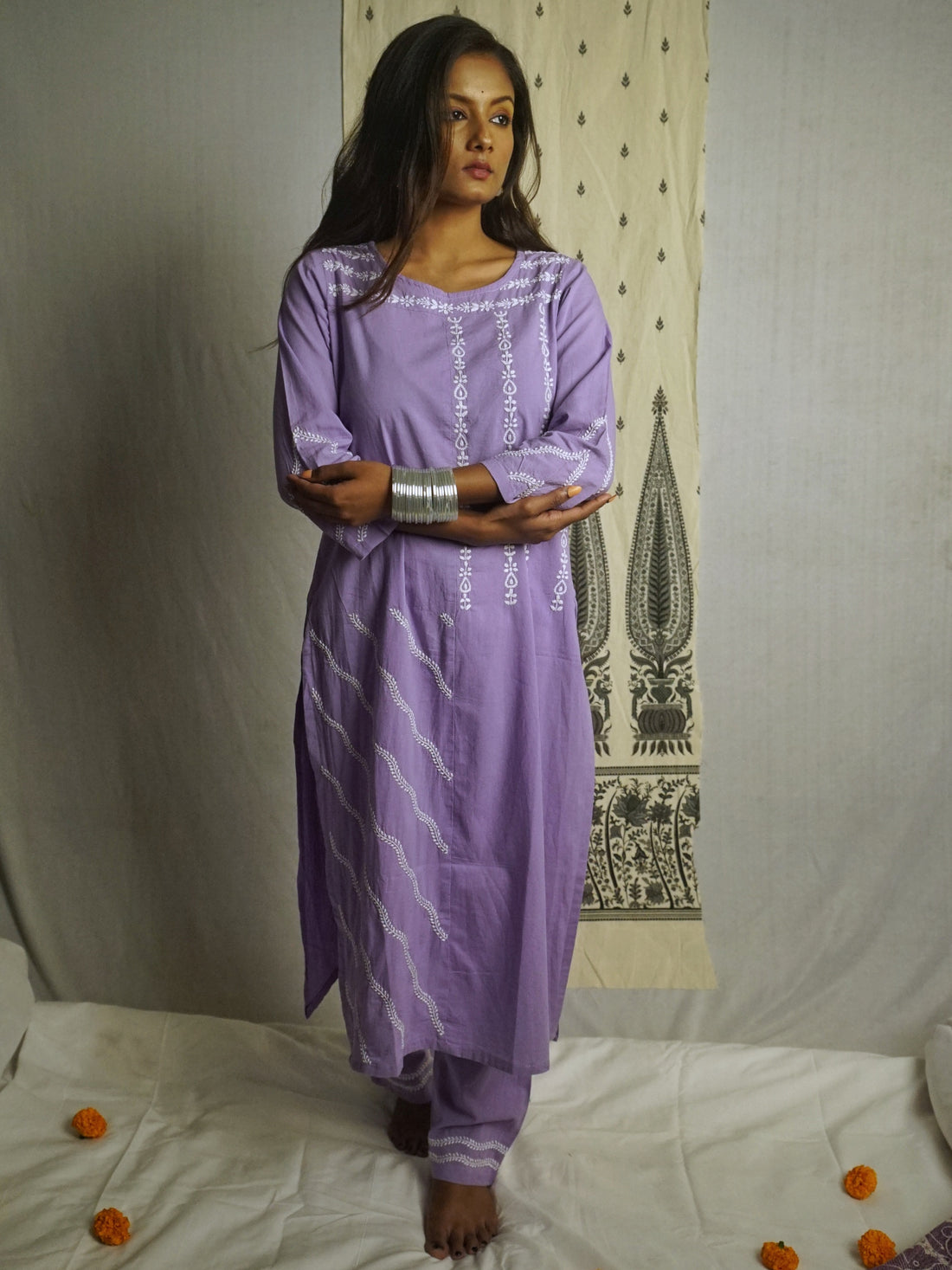 Semal Hand Embroidered Lavender Cotton Lucknowi Chikankari Kurta with Pants