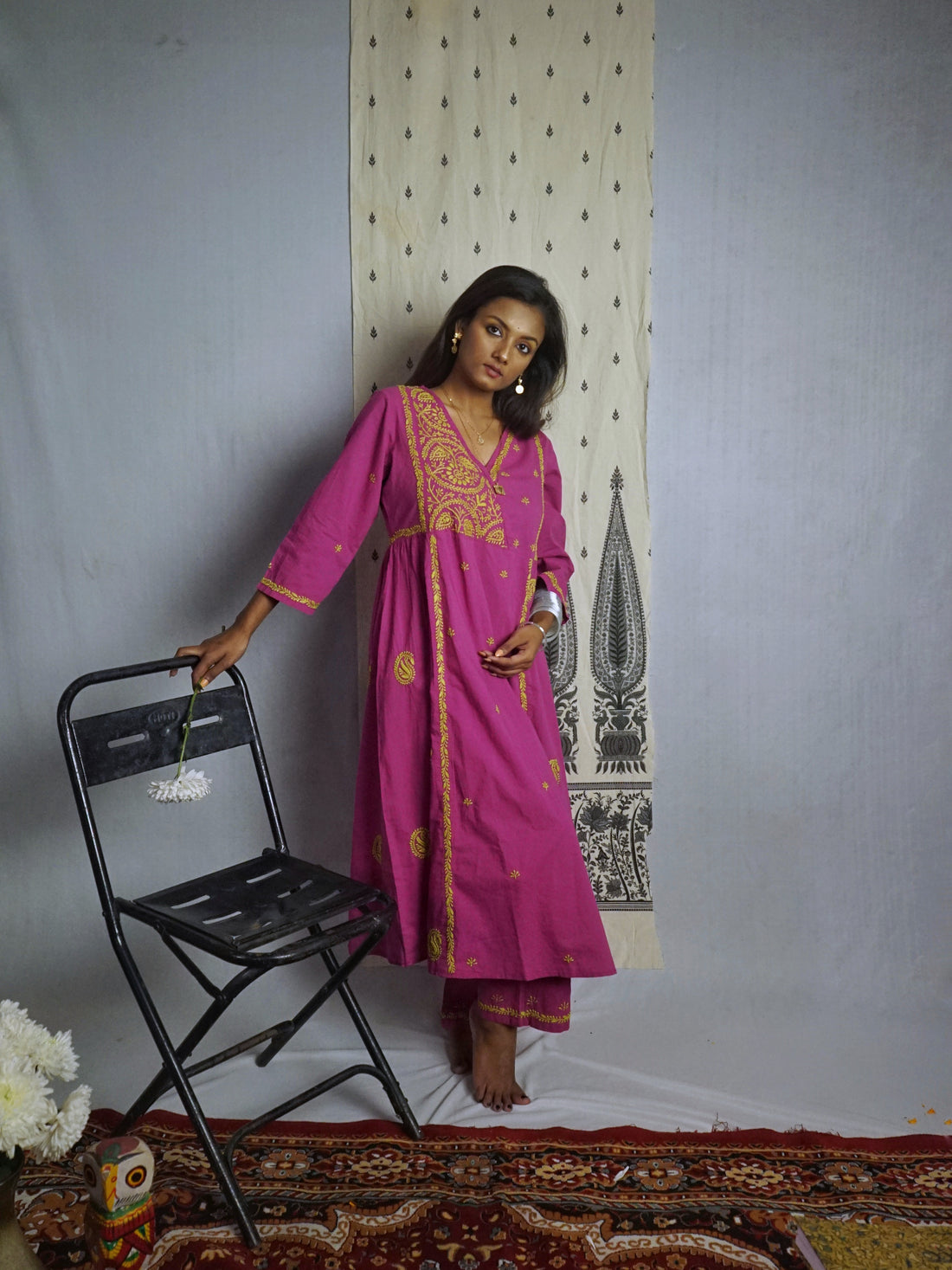 Semal Hand Embroidered Magenta Cotton Lucknowi Chikankari Angrakha Neck Side Gathered Kurta With Pants