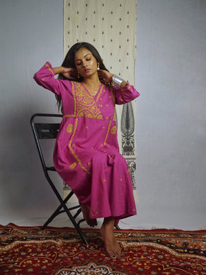 Semal Hand Embroidered Magenta Cotton Lucknowi Chikankari Angrakha Neck Side Gathered Kurta With Pants