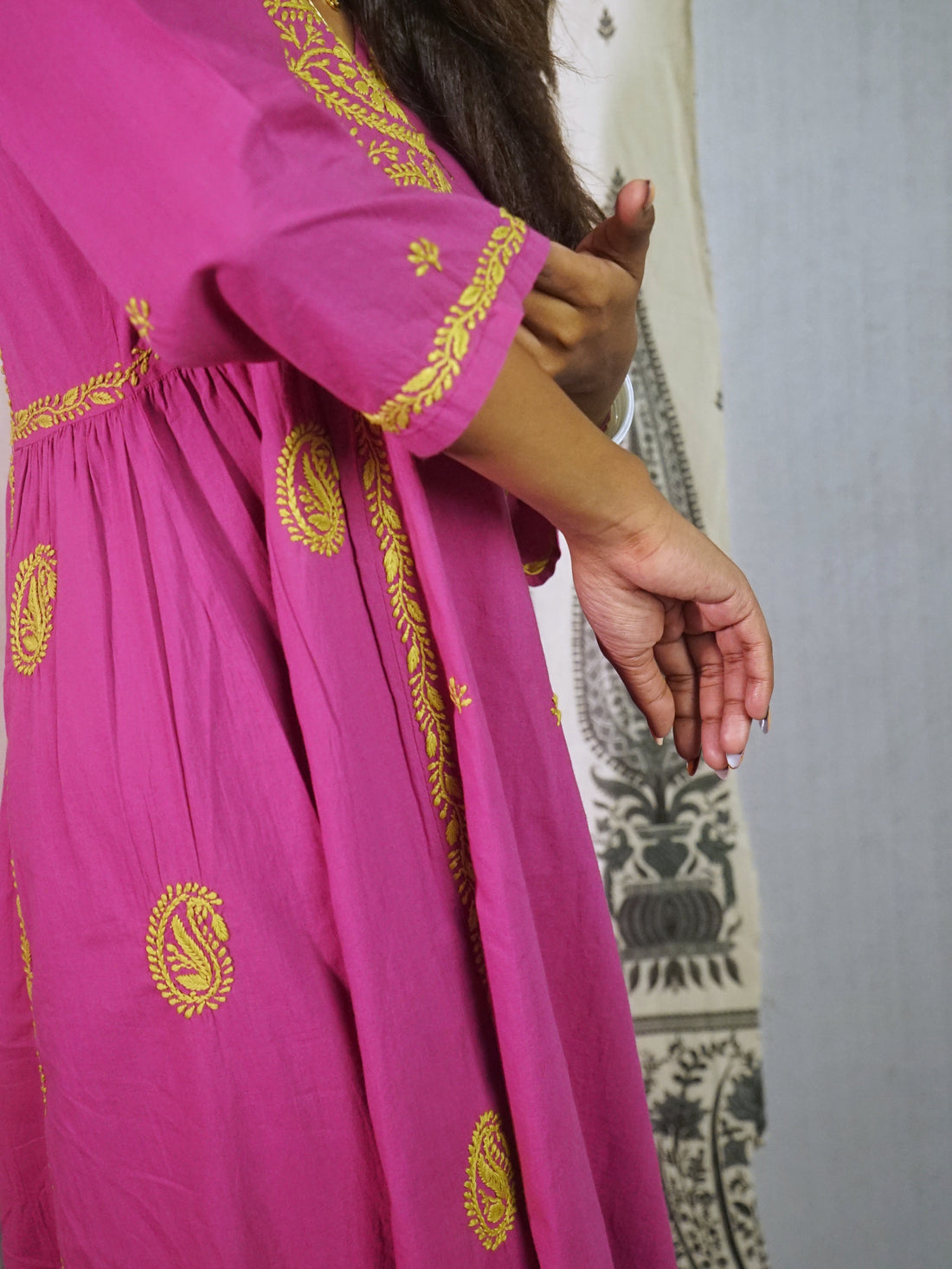 Semal Hand Embroidered Magenta Cotton Lucknowi Chikankari Angrakha Neck Side Gathered Kurta With Pants