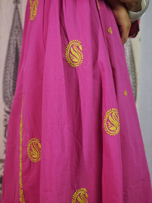 Semal Hand Embroidered Magenta Cotton Lucknowi Chikankari Angrakha Neck Side Gathered Kurta With Pants