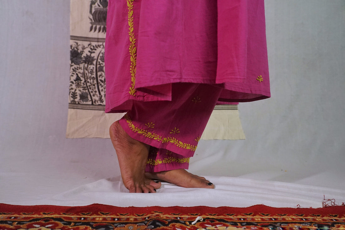 Semal Hand Embroidered Magenta Cotton Lucknowi Chikankari Angrakha Neck Side Gathered Kurta With Pants