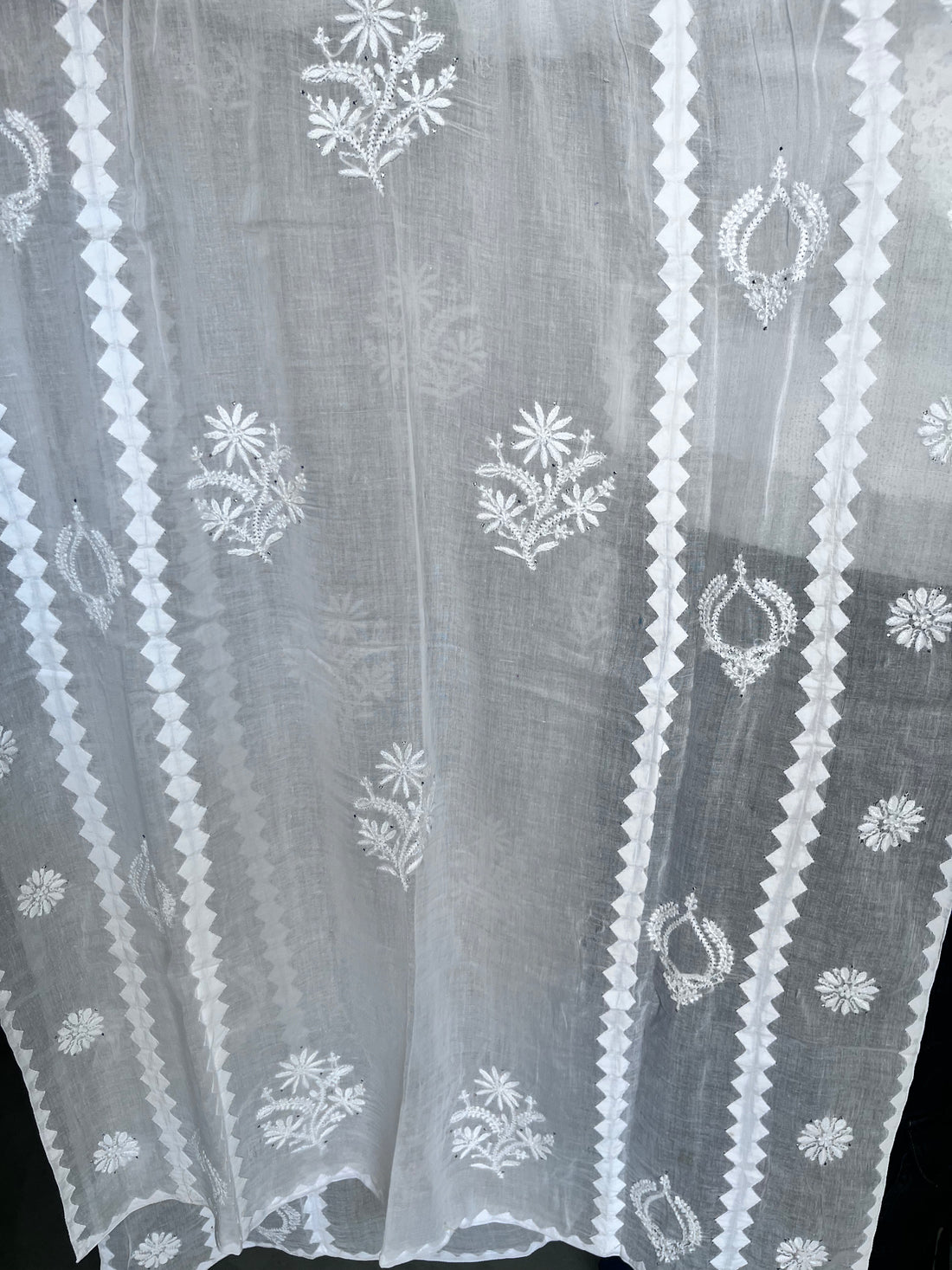 SEMAL HANDICRAFTS CHIKANKARI WITH MUKAISH WHITE MUL COTTON DUPATTA WITH HEAVY APPLIQUE DETAILING