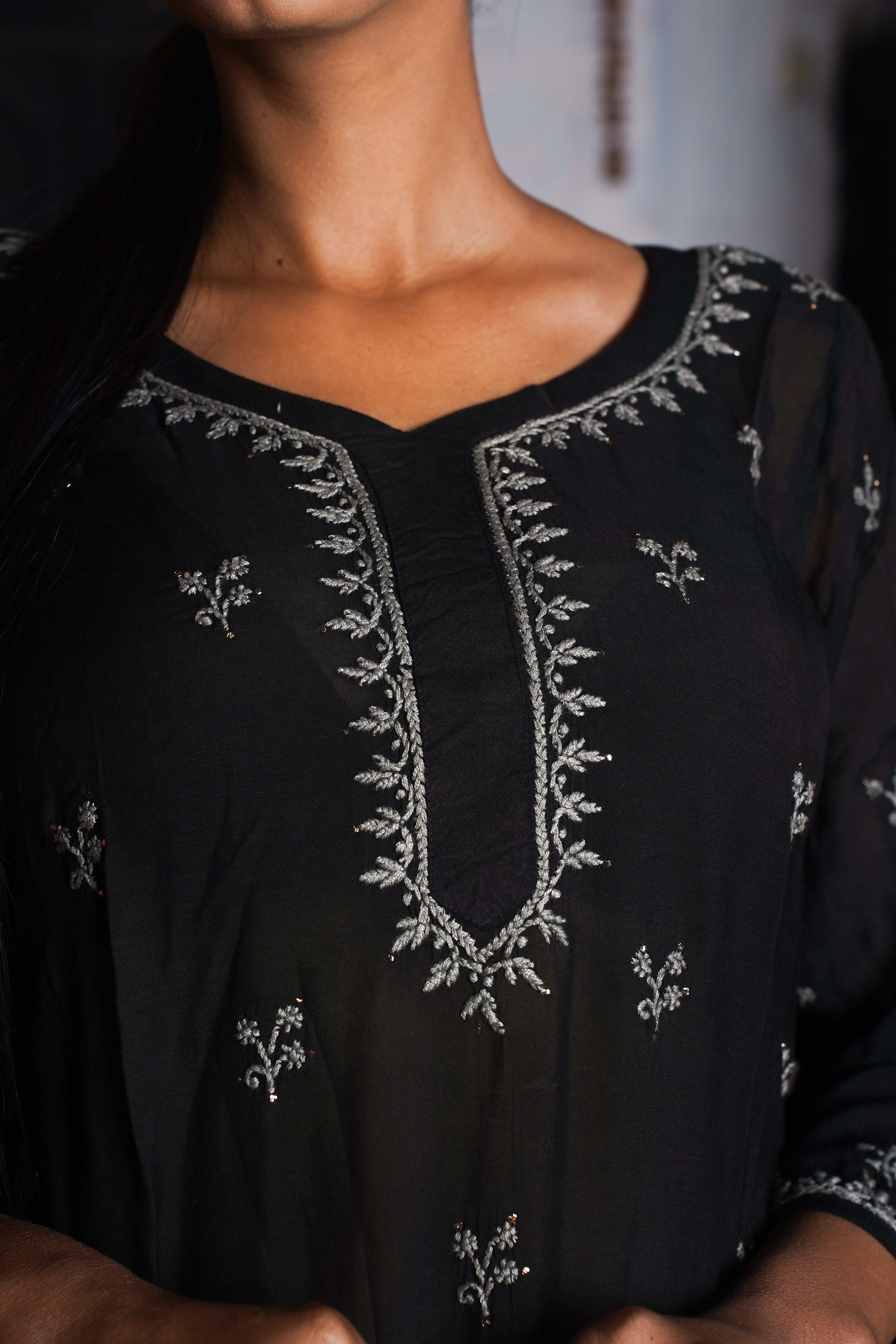 Semal handicrafts Chikankari straight black kurta