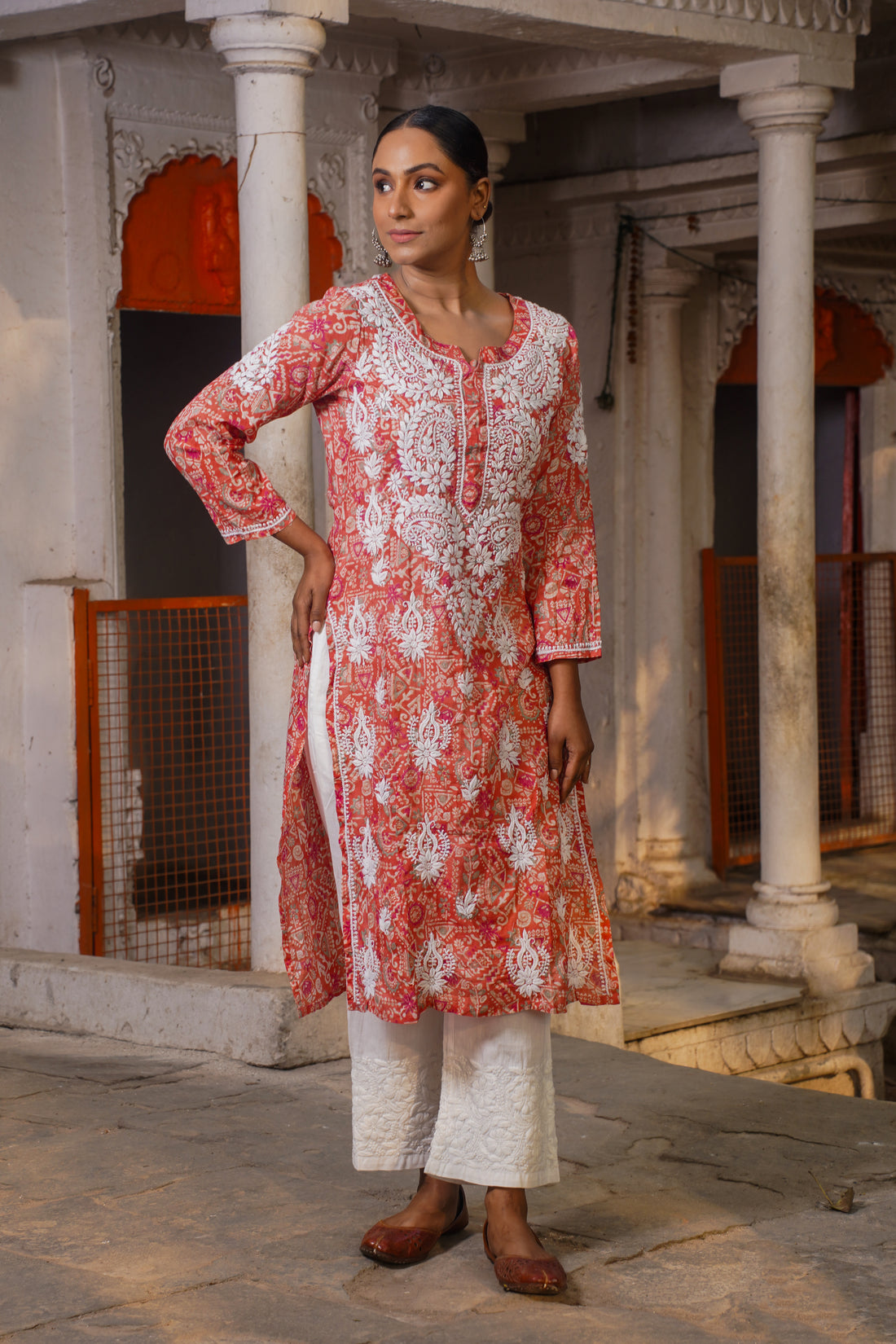 CHIKANKARI PRINTED MUL COTTON ROSE PINK KURTA