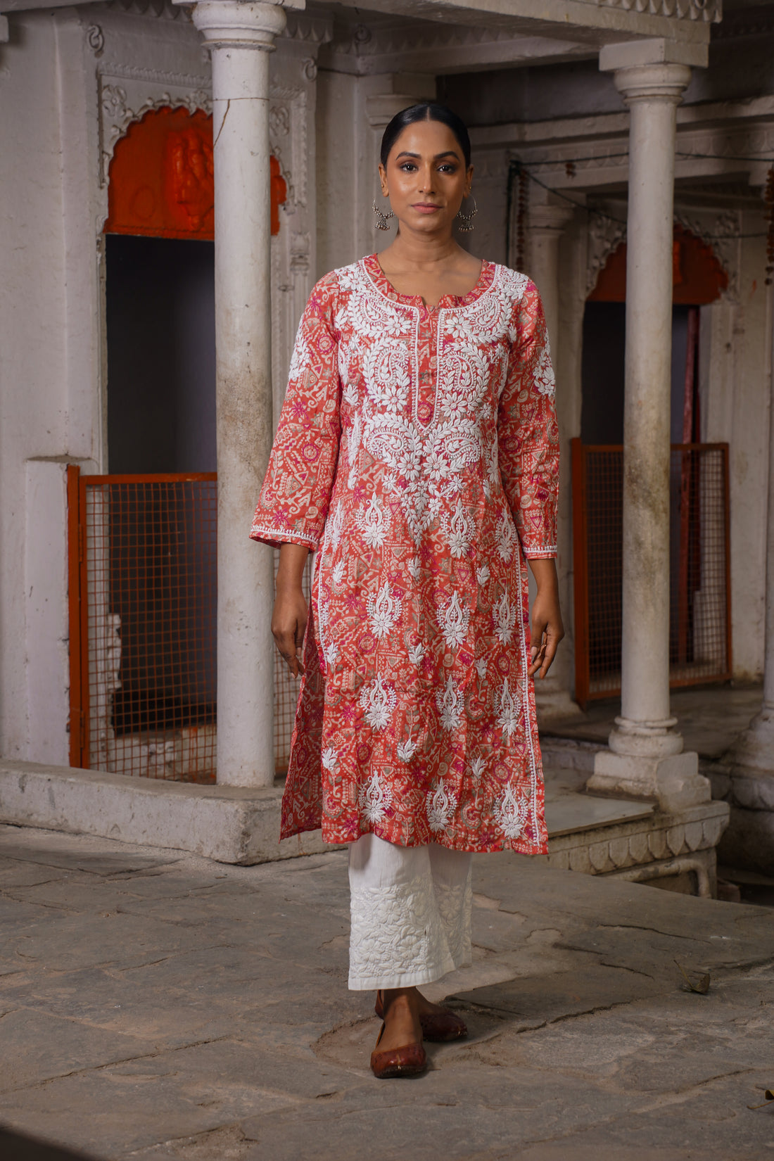 CHIKANKARI PRINTED MUL COTTON ROSE PINK KURTA