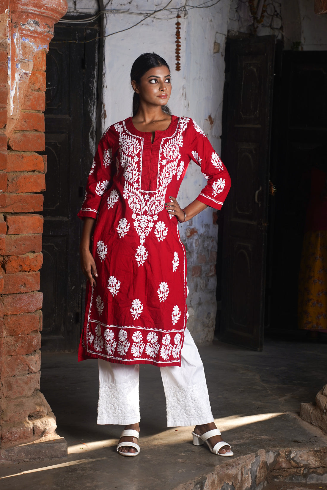 Graceful Red Chikankari Cotton Straight Kurta