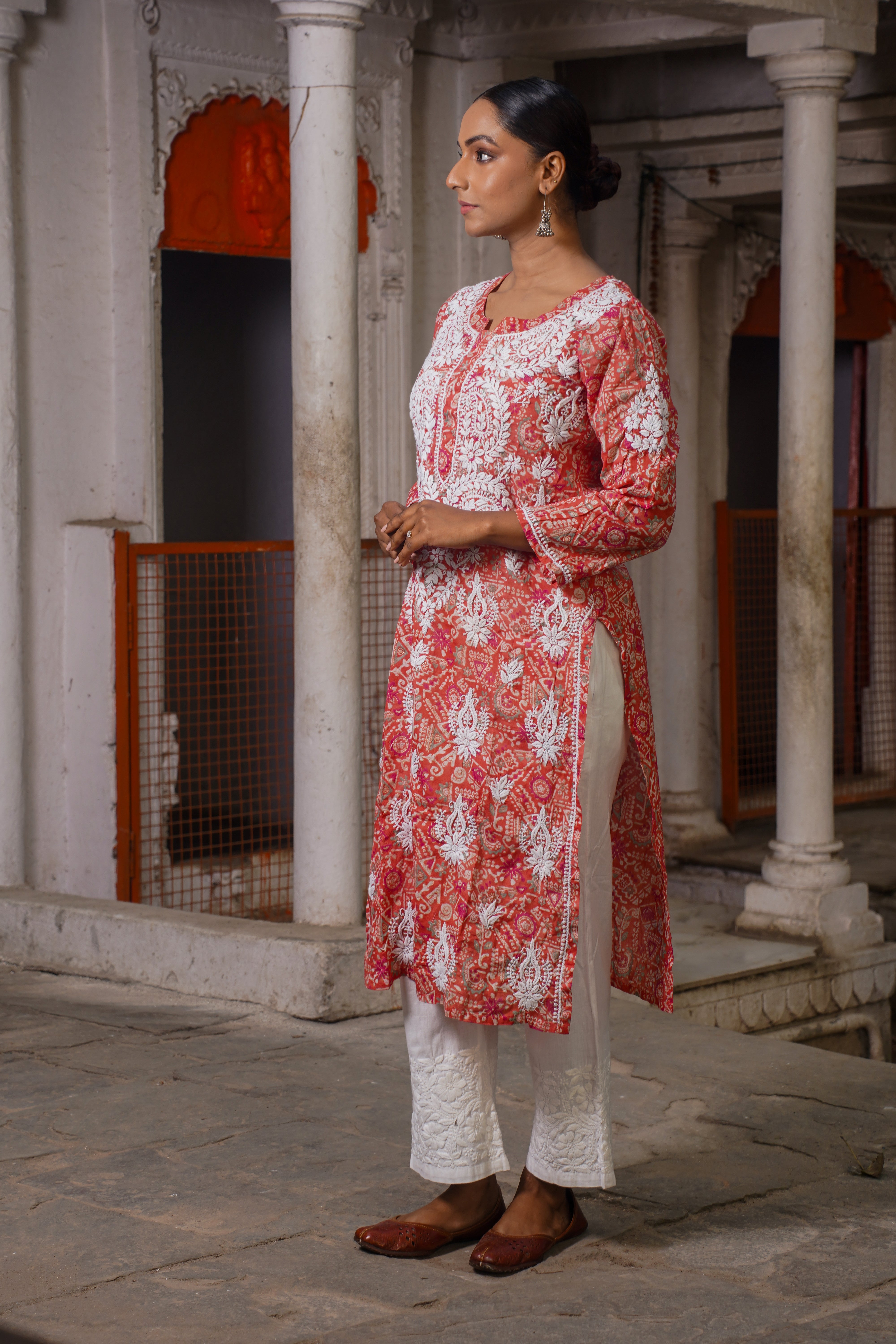 CHIKANKARI PRINTED MUL COTTON ROSE PINK KURTA