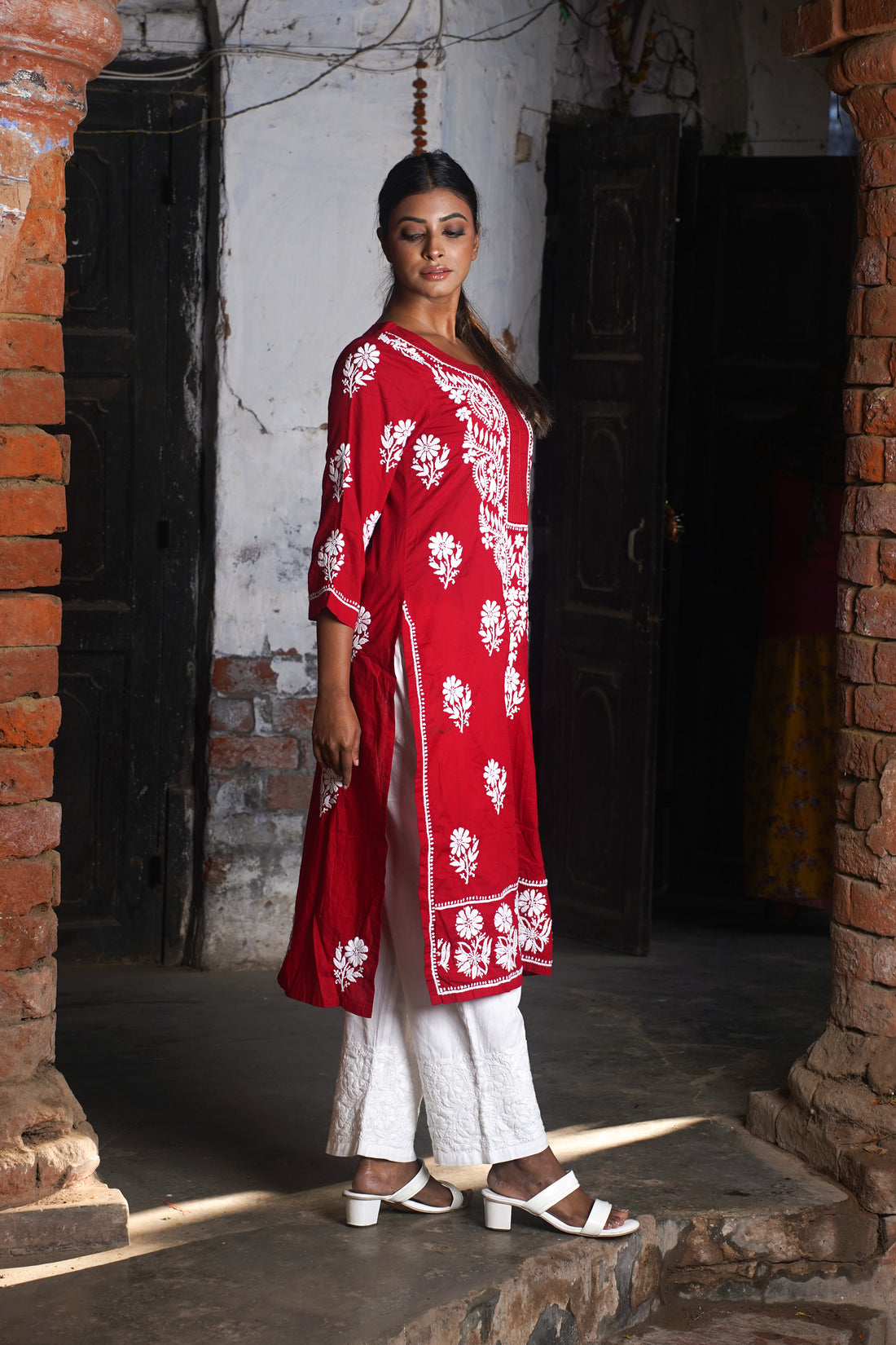 Graceful Red Chikankari Cotton Straight Kurta