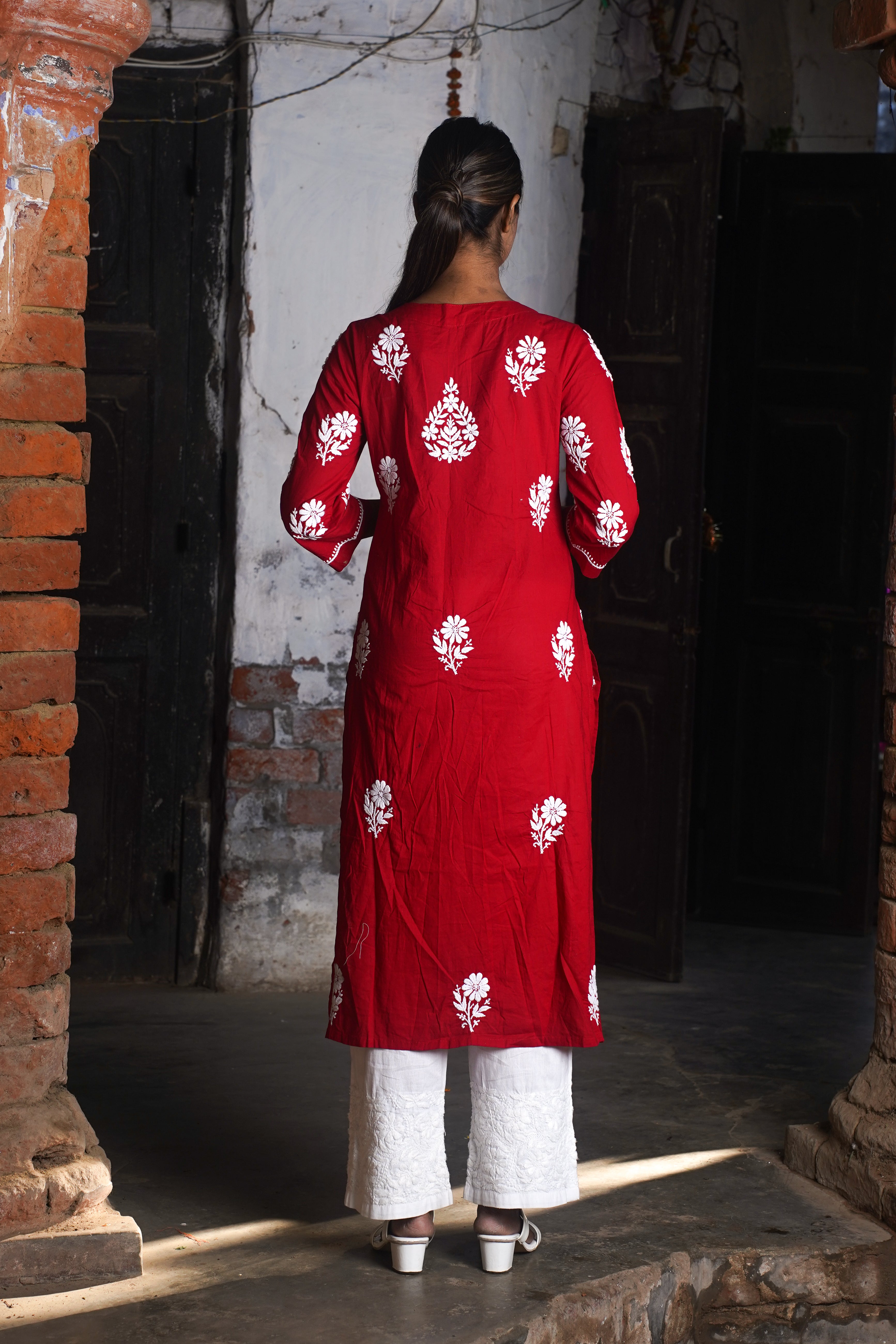 Graceful Red Chikankari Cotton Straight Kurta