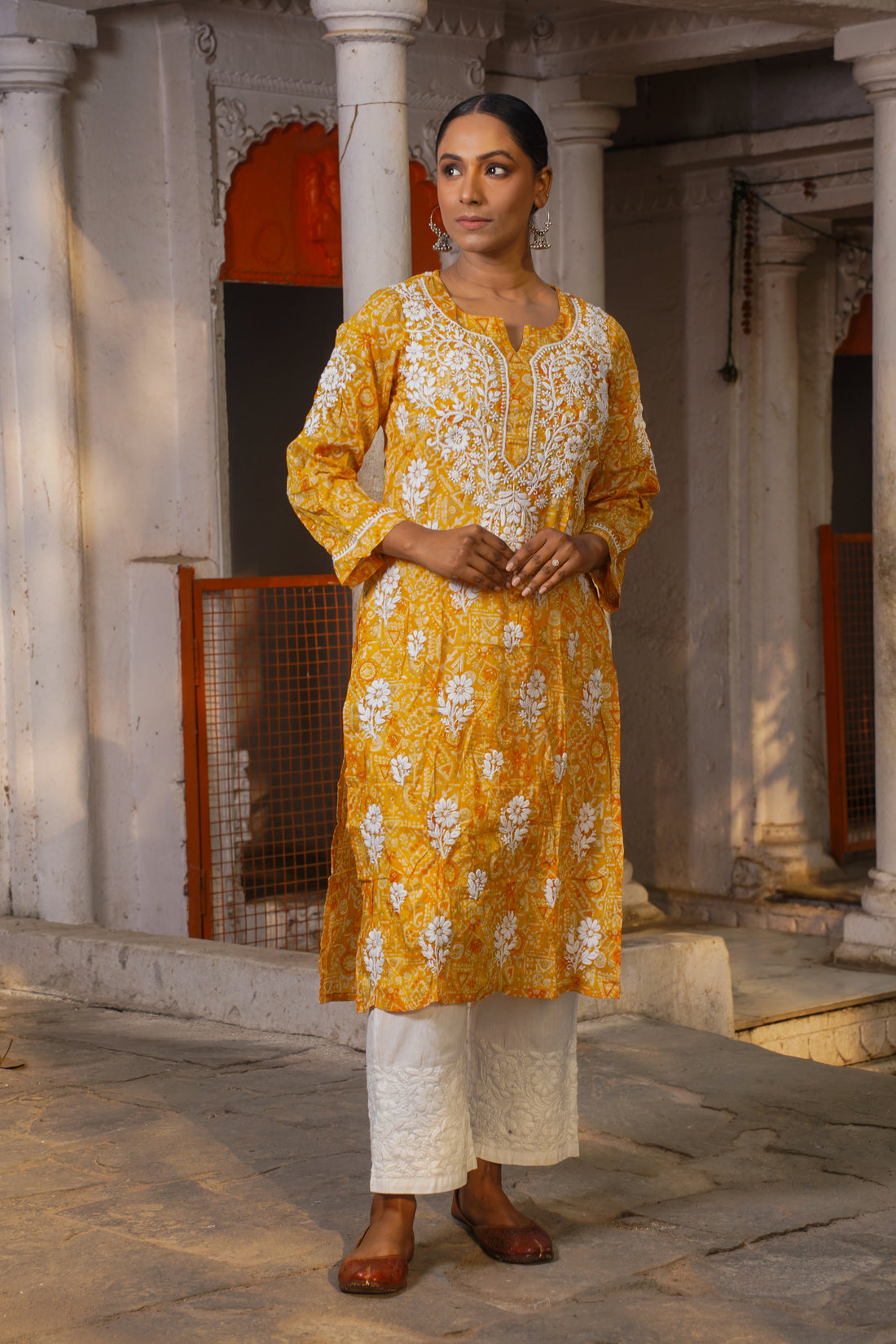 CHIKANKARI PRINTED MUL COTTON GOLD KURTA