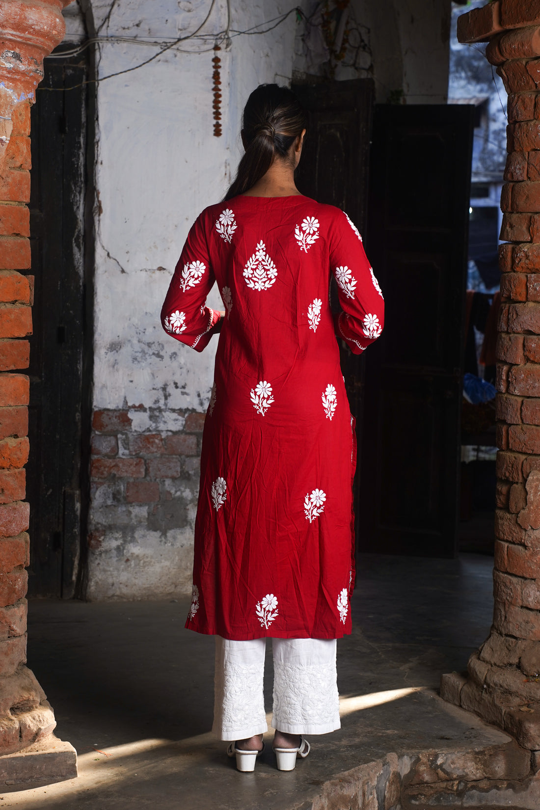 Graceful Red Chikankari Cotton Straight Kurta