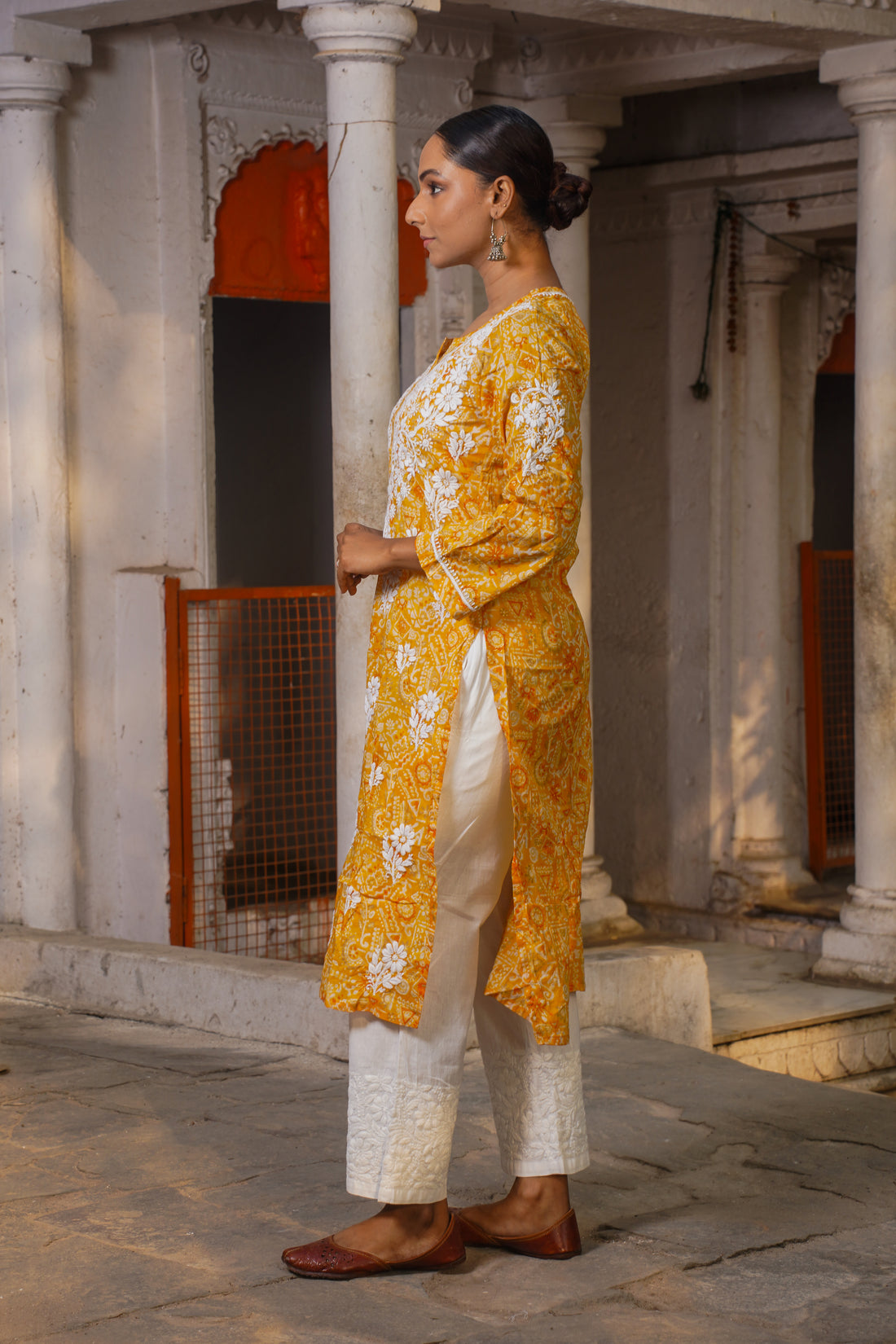 CHIKANKARI PRINTED MUL COTTON GOLD KURTA