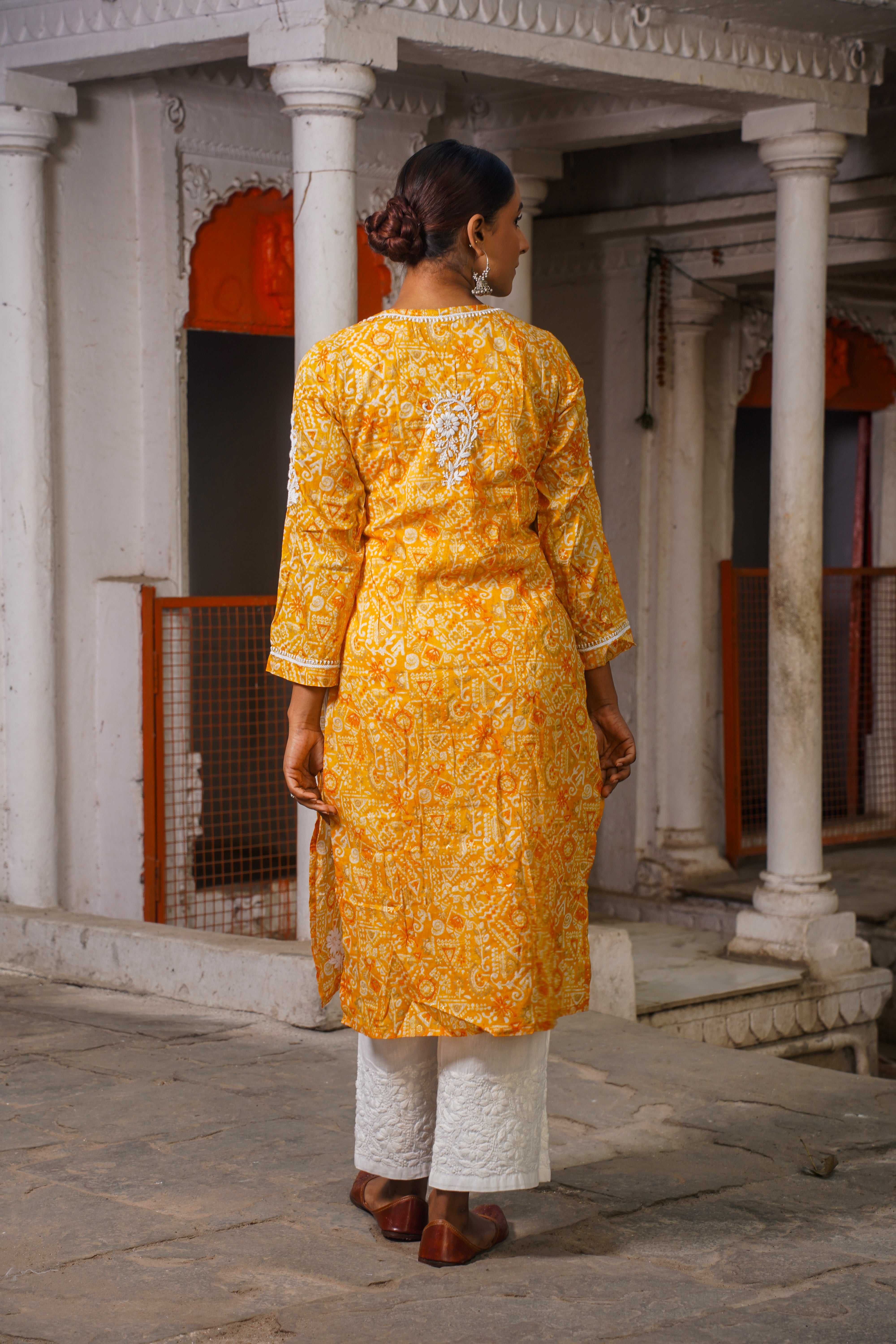 CHIKANKARI PRINTED MUL COTTON GOLD KURTA