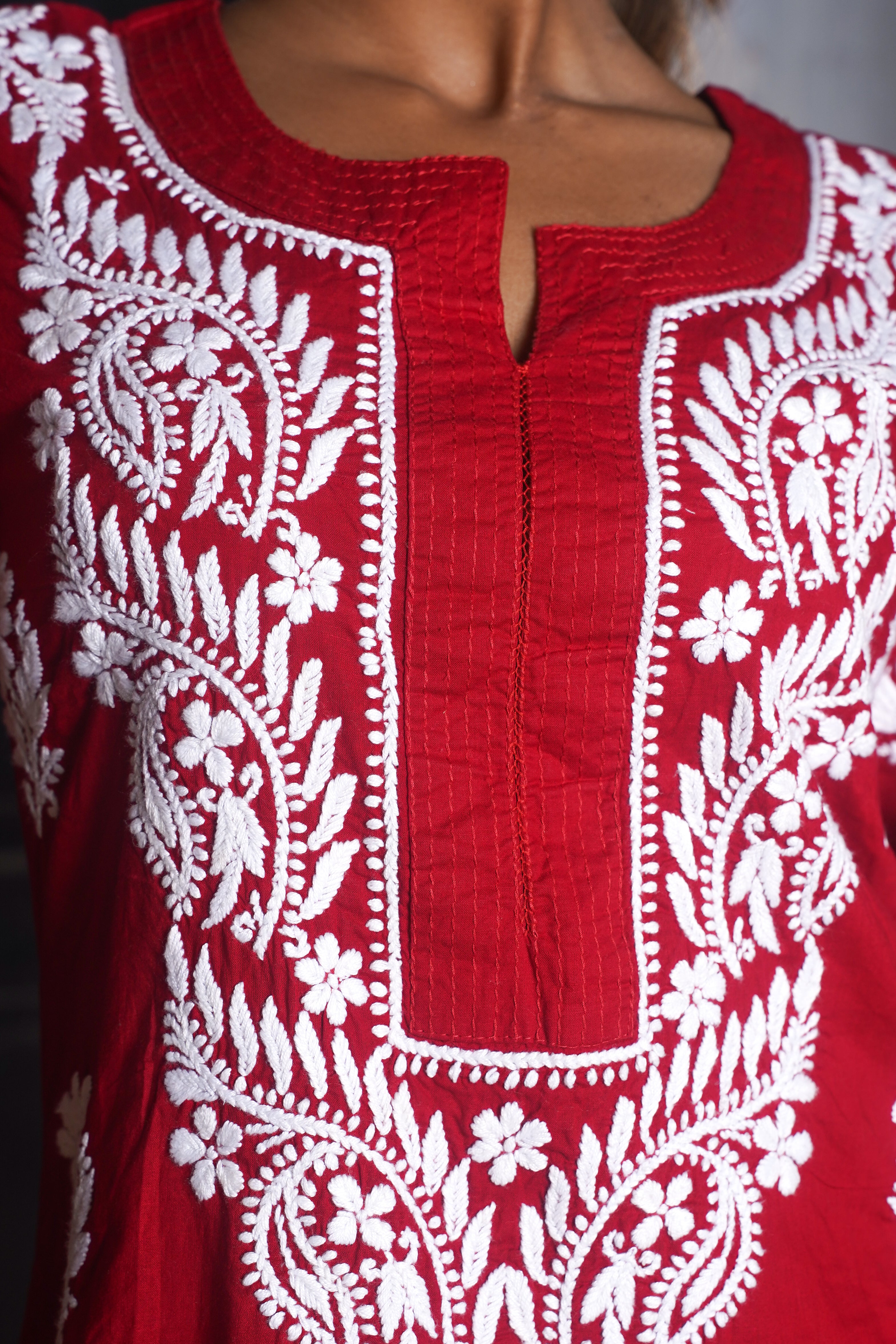 Graceful Red Chikankari Cotton Straight Kurta