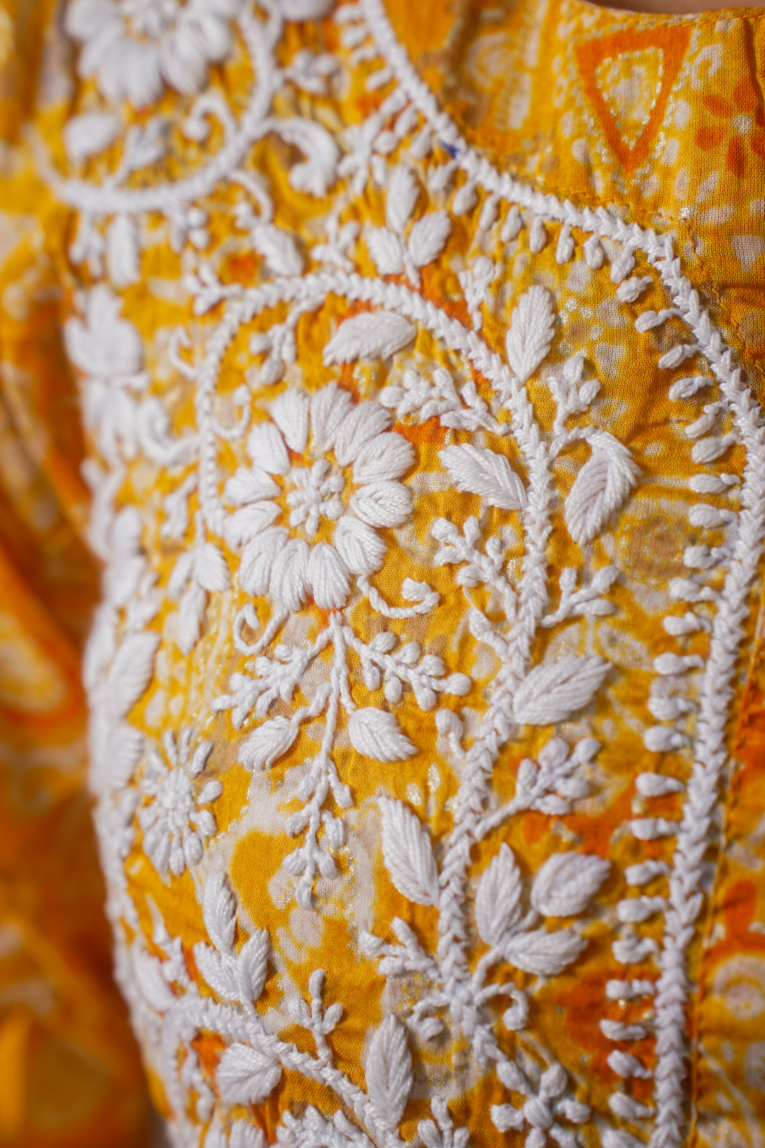 CHIKANKARI PRINTED MUL COTTON GOLD KURTA