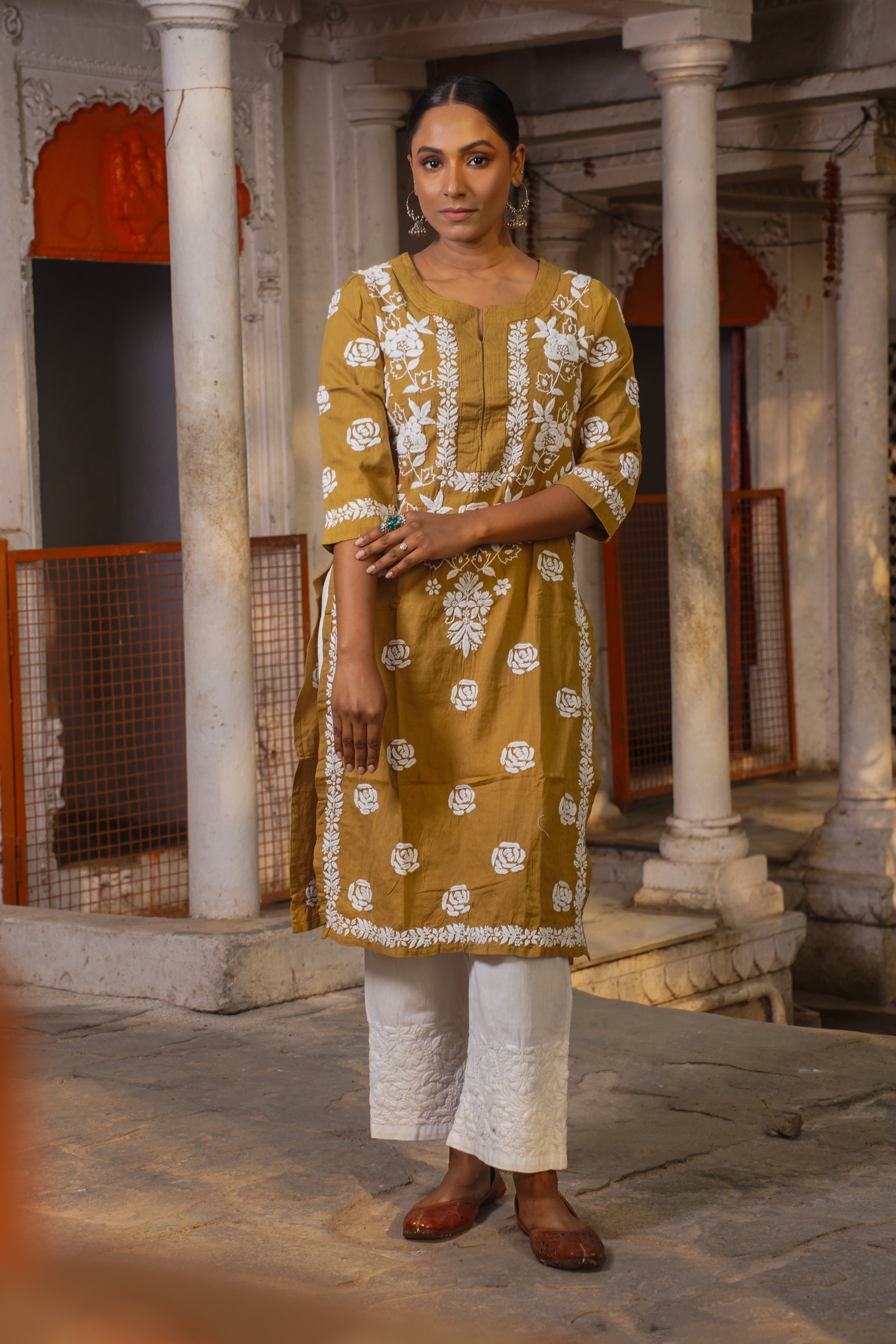 CHIKANKARI STRAIGHT DARK BEIGE COTTON KURTA