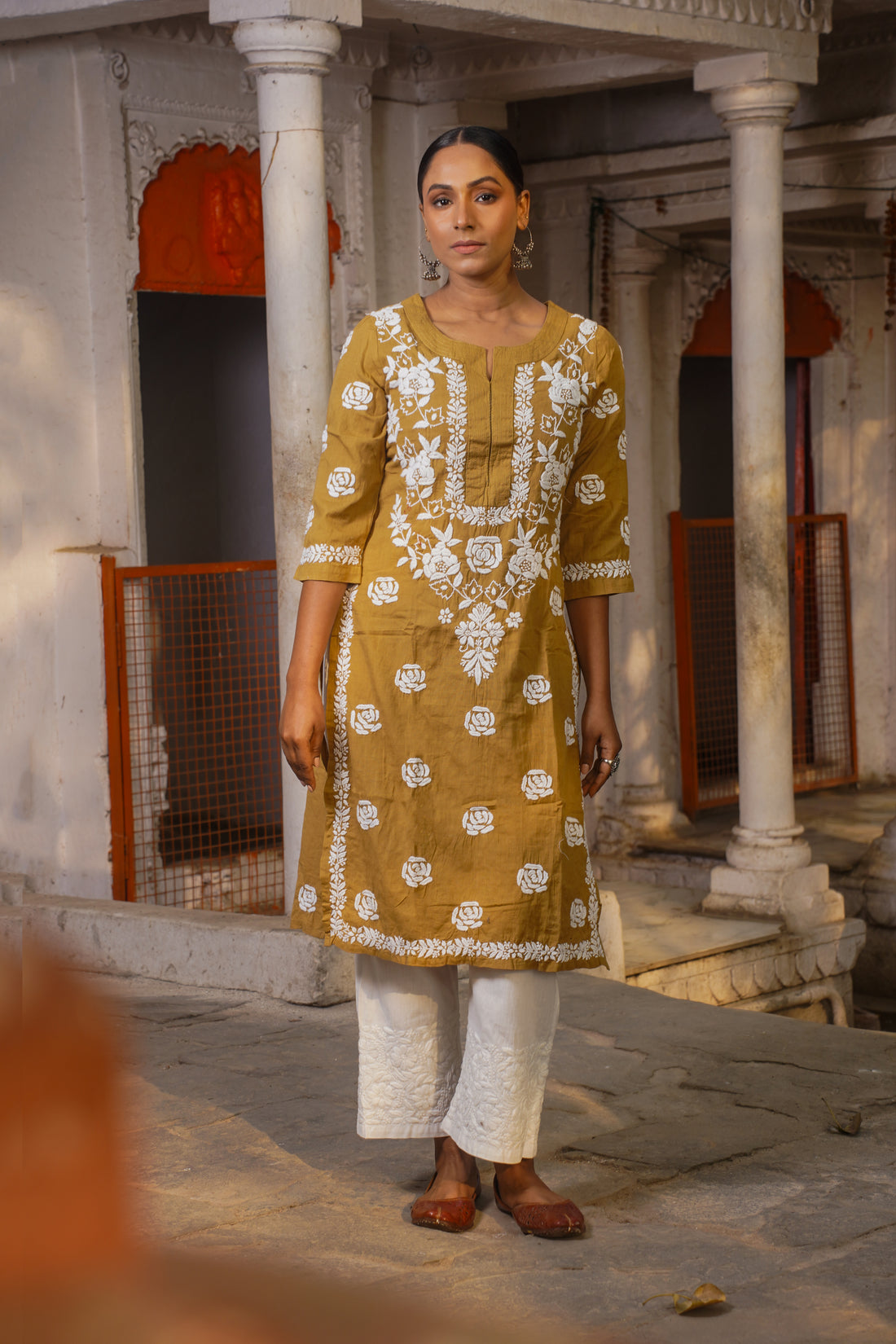 CHIKANKARI STRAIGHT DARK BEIGE COTTON KURTA