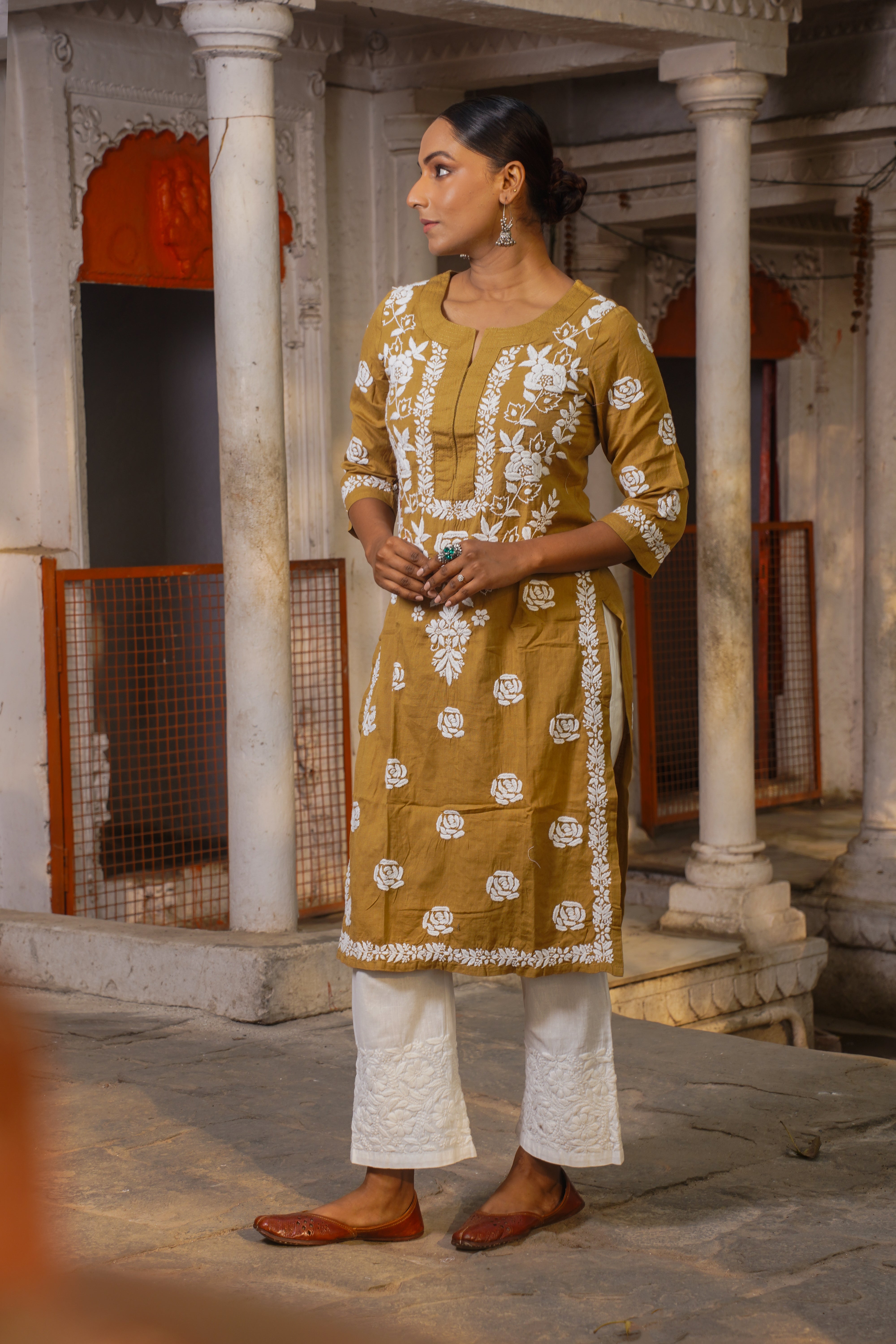 CHIKANKARI STRAIGHT DARK BEIGE COTTON KURTA