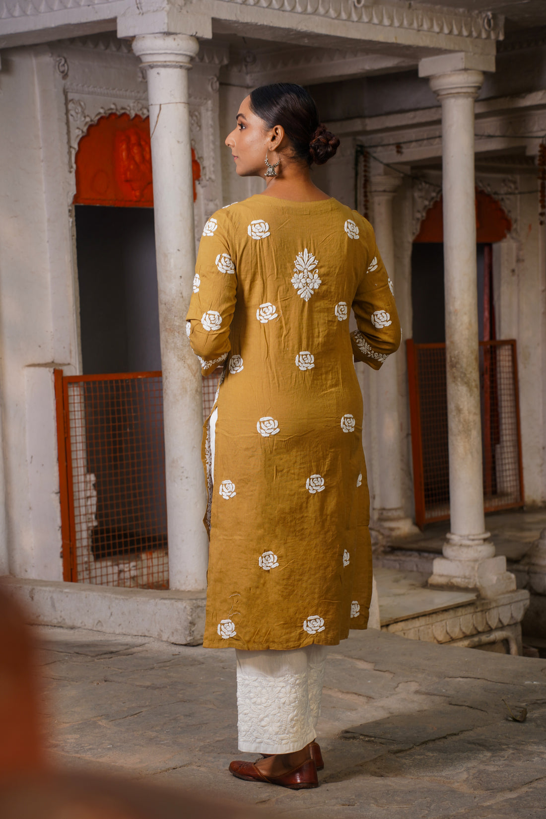 CHIKANKARI STRAIGHT DARK BEIGE COTTON KURTA