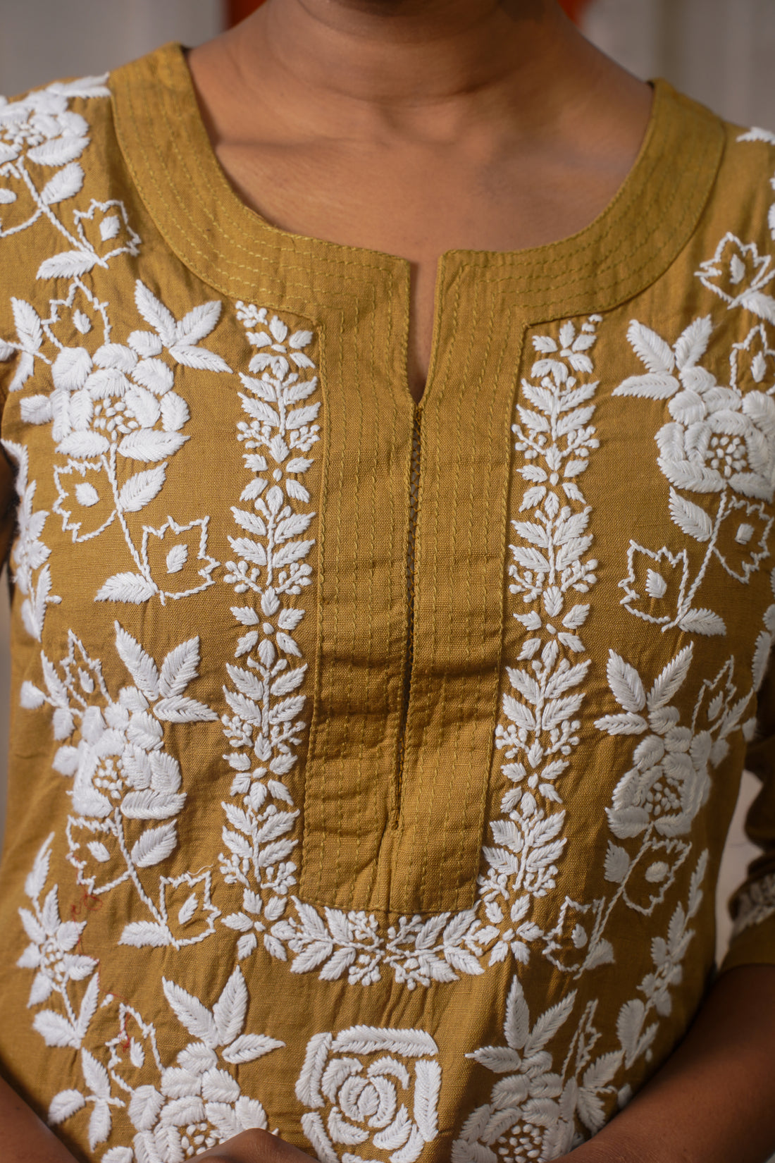 CHIKANKARI STRAIGHT DARK BEIGE COTTON KURTA