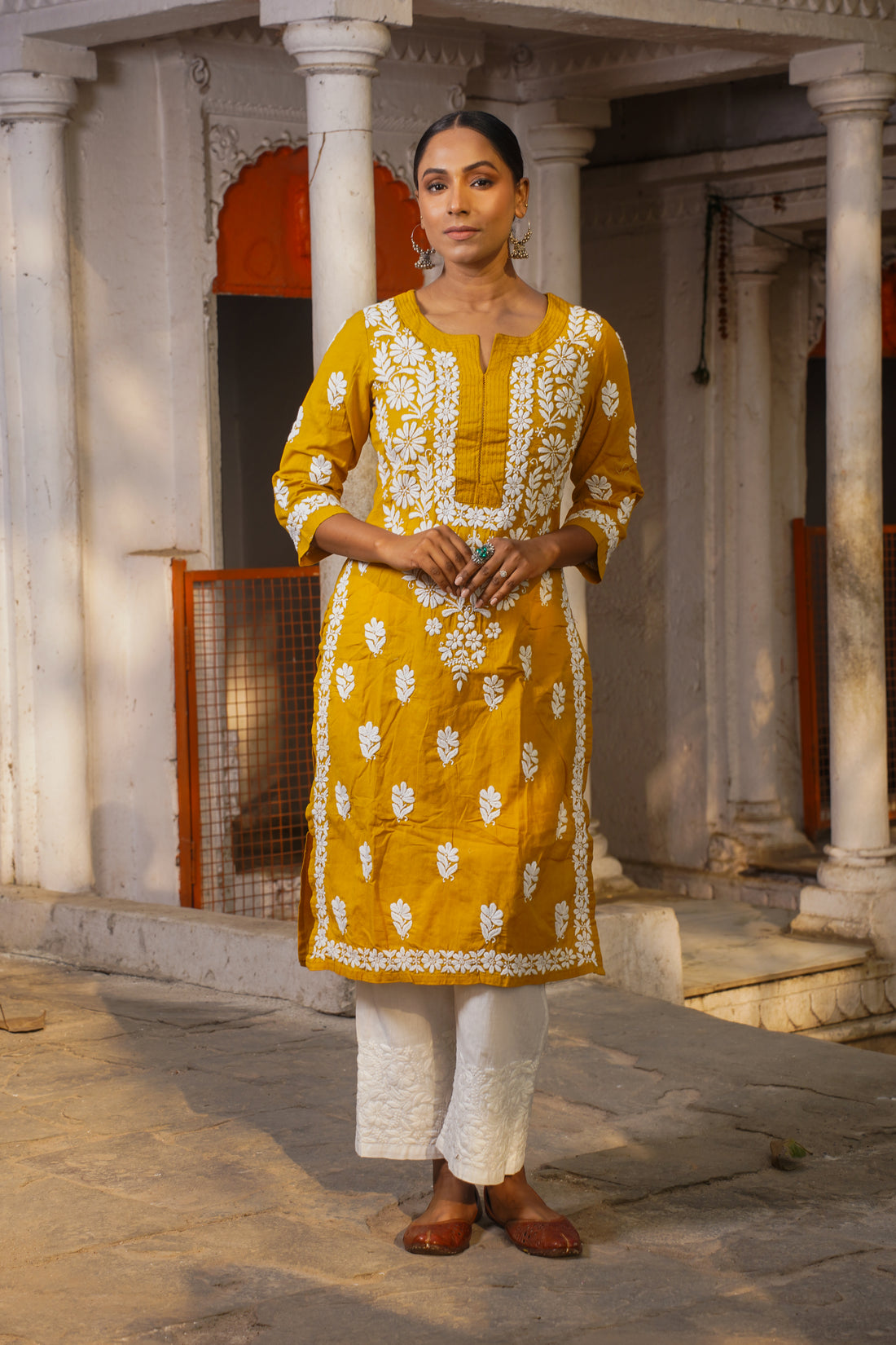 CHIKANKARI STRAIGHT MUSTARD COLOUR COTTON KURTA