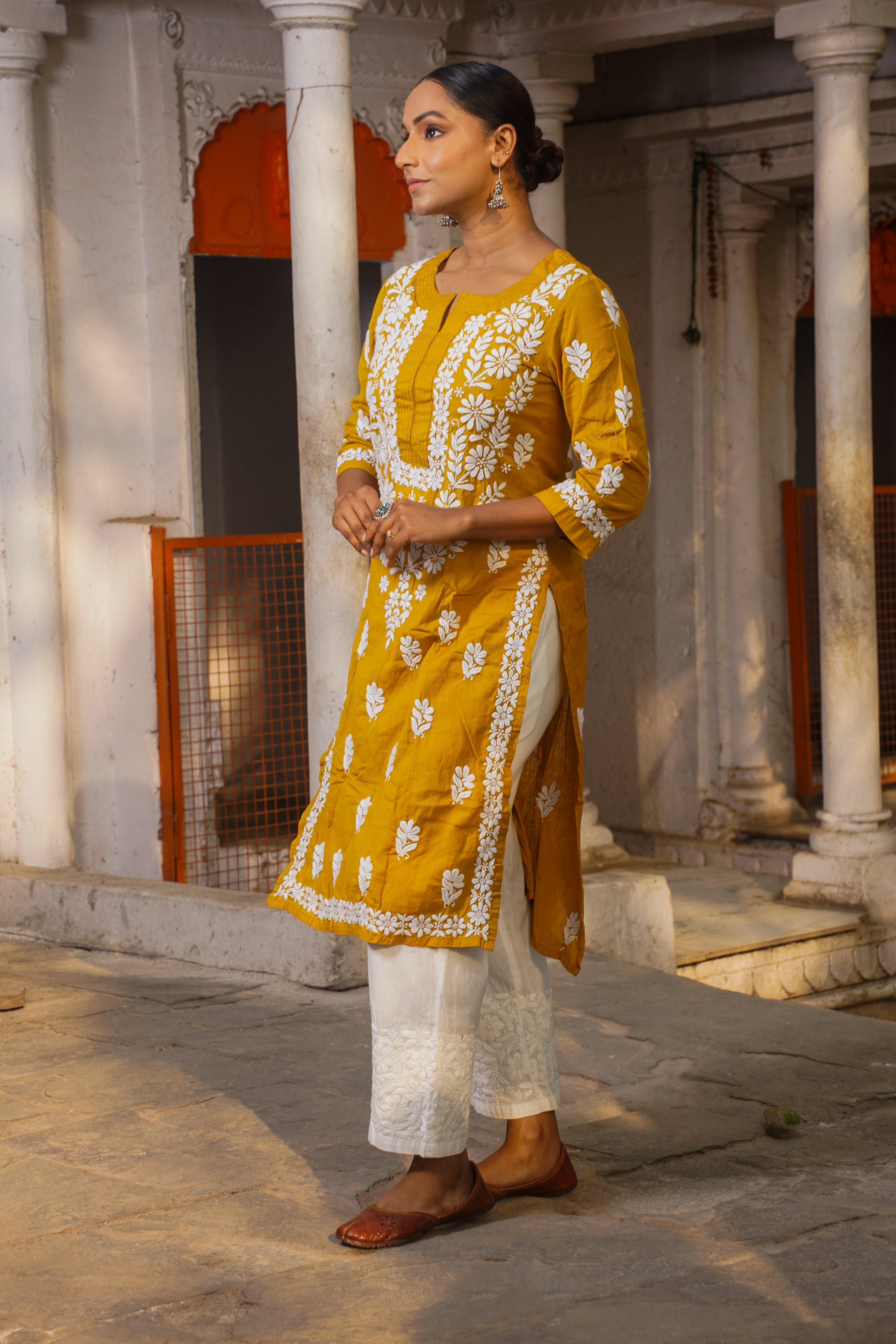 CHIKANKARI STRAIGHT MUSTARD COLOUR COTTON KURTA