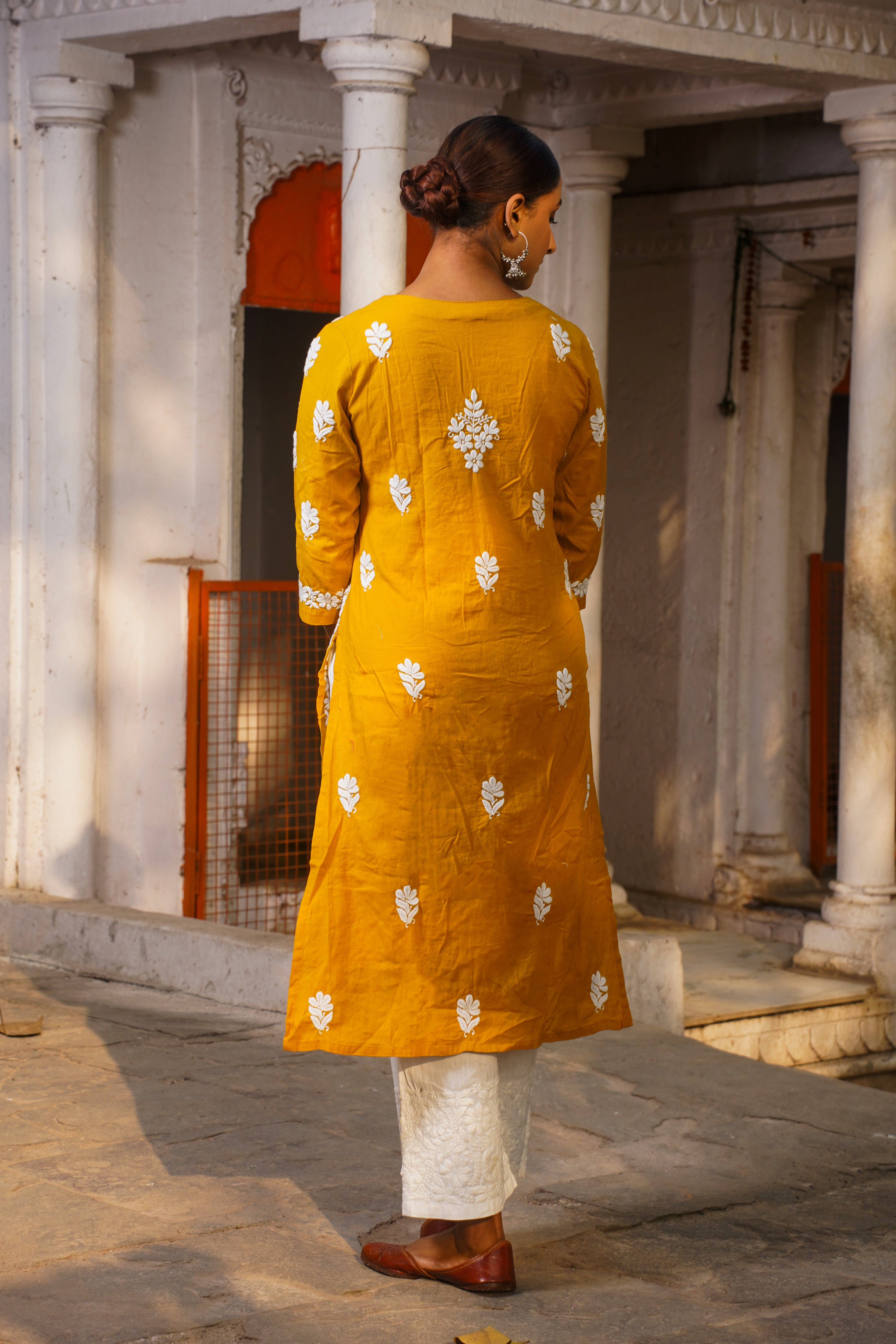 CHIKANKARI STRAIGHT MUSTARD COLOUR COTTON KURTA