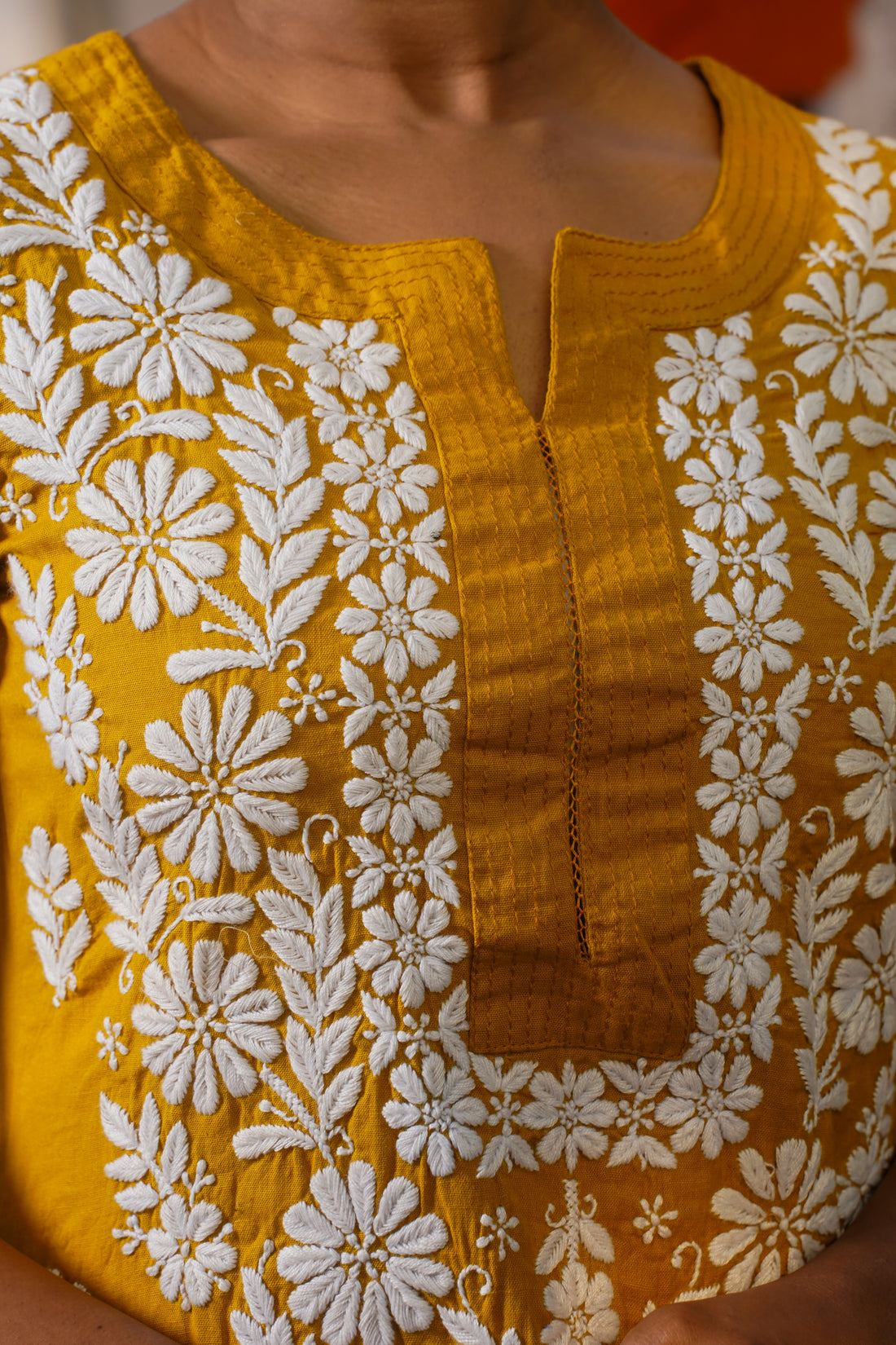 CHIKANKARI STRAIGHT MUSTARD COLOUR COTTON KURTA