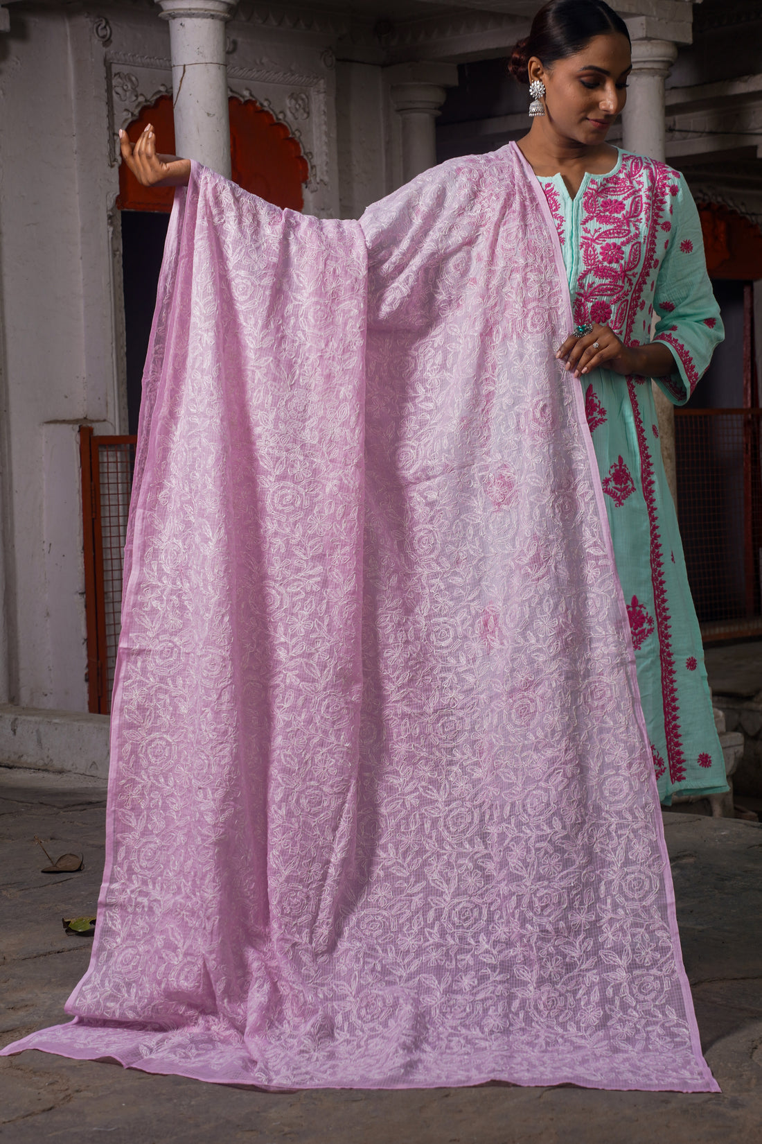 Semal Hand Embroidered Kota Doria Pink Lucknow Tepchi Work Dupatta