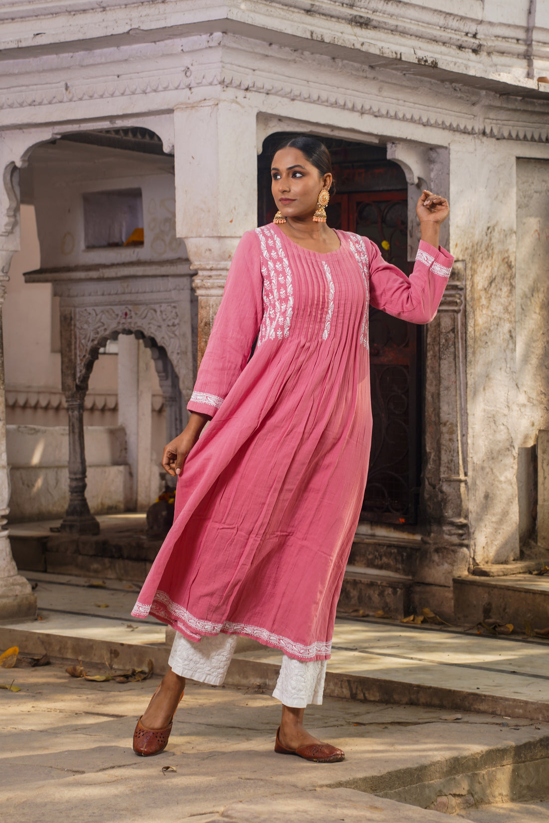 Soft Petal Elegance Chikankari Cotton Long Dress in Dusky Pink