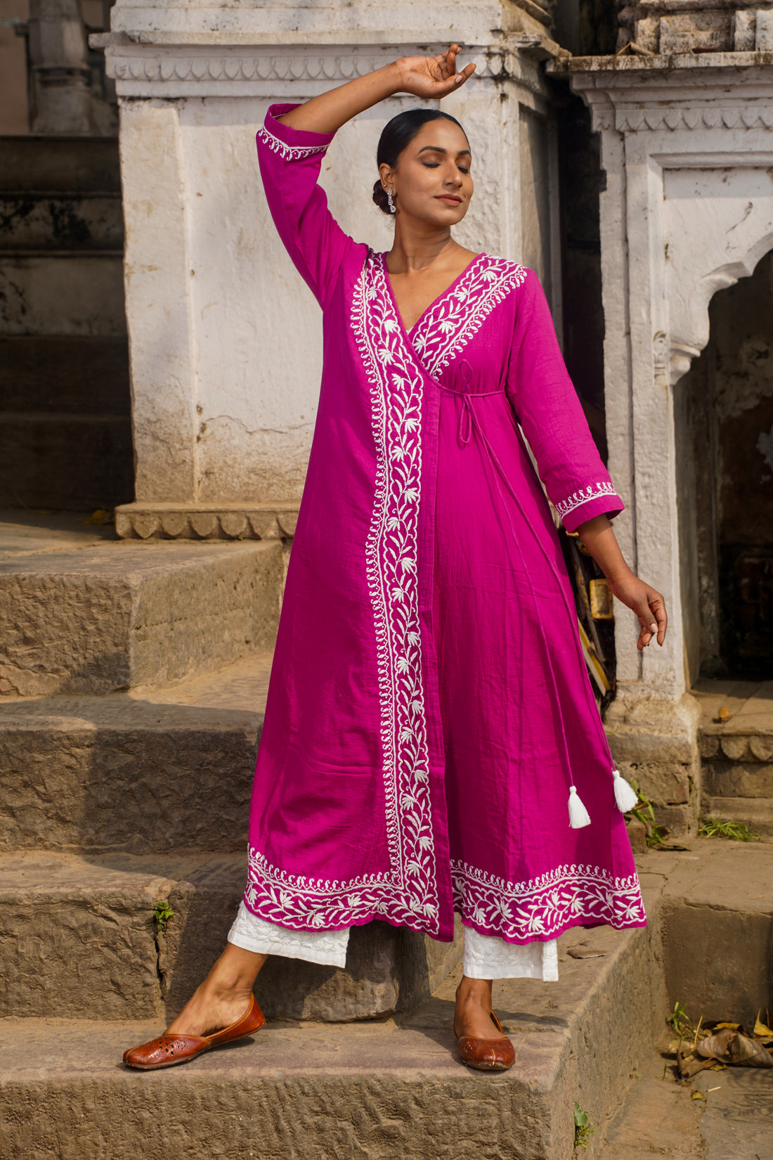 Ruby Charm Chikankari Angrakha Long Kurta in Soft Cotton