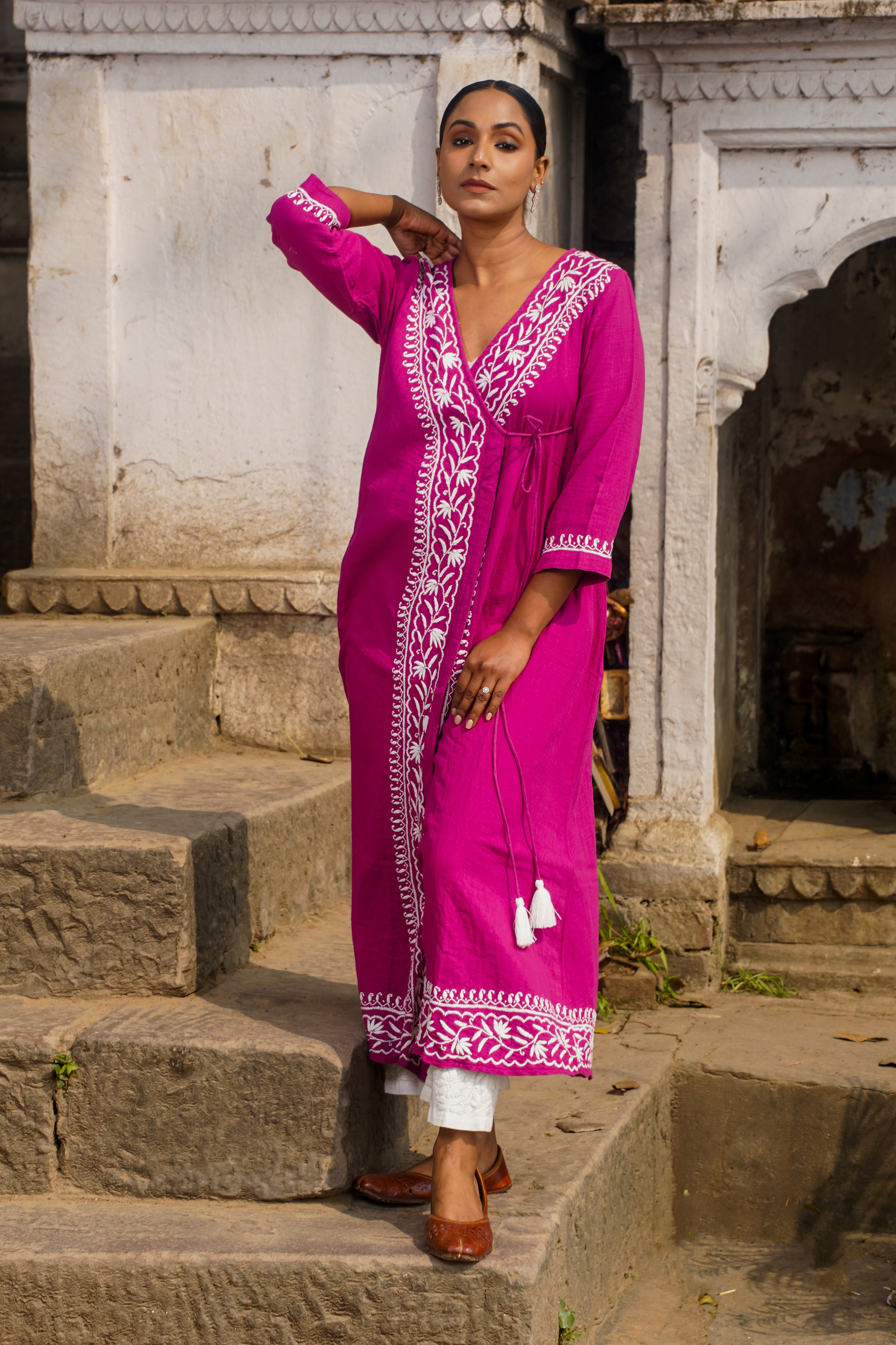 Ruby Charm Chikankari Angrakha Long Kurta in Soft Cotton