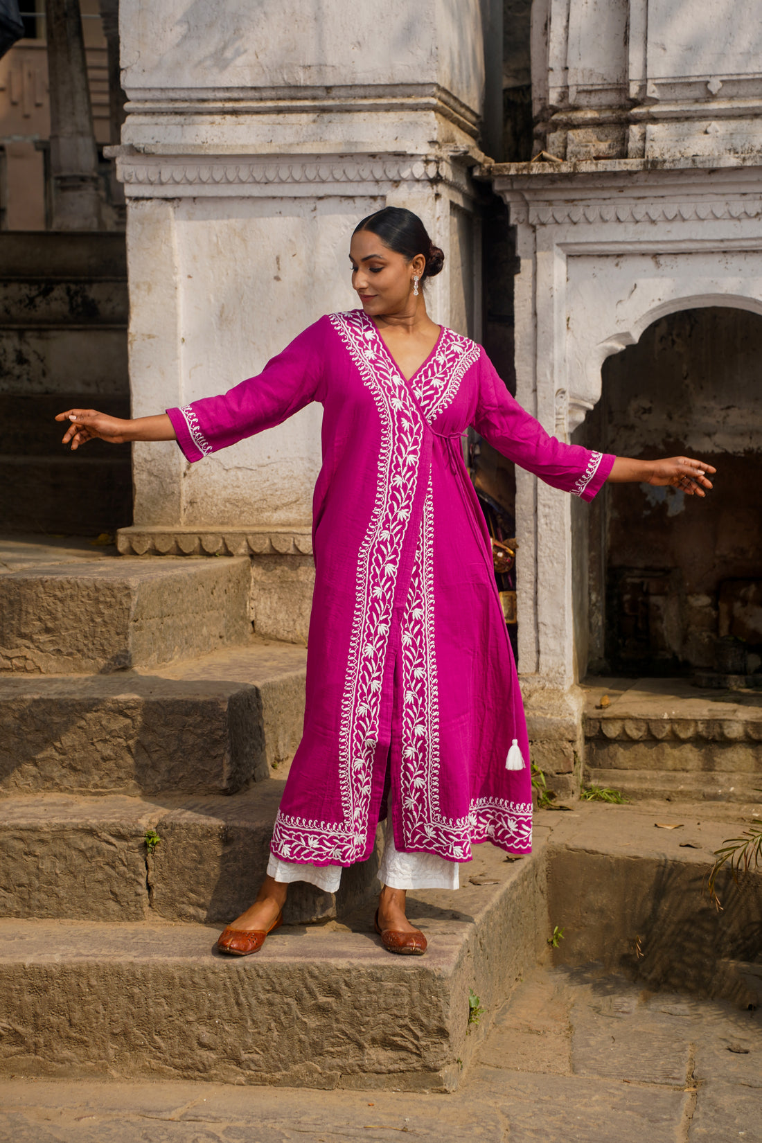 Ruby Charm Chikankari Angrakha Long Kurta in Soft Cotton CH0177B