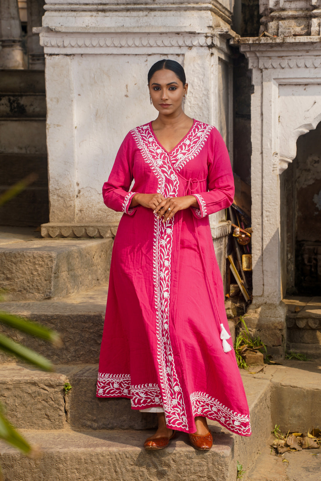 Ruby Charm: Chikankari Angrakha Long Kurta in Soft Cotton