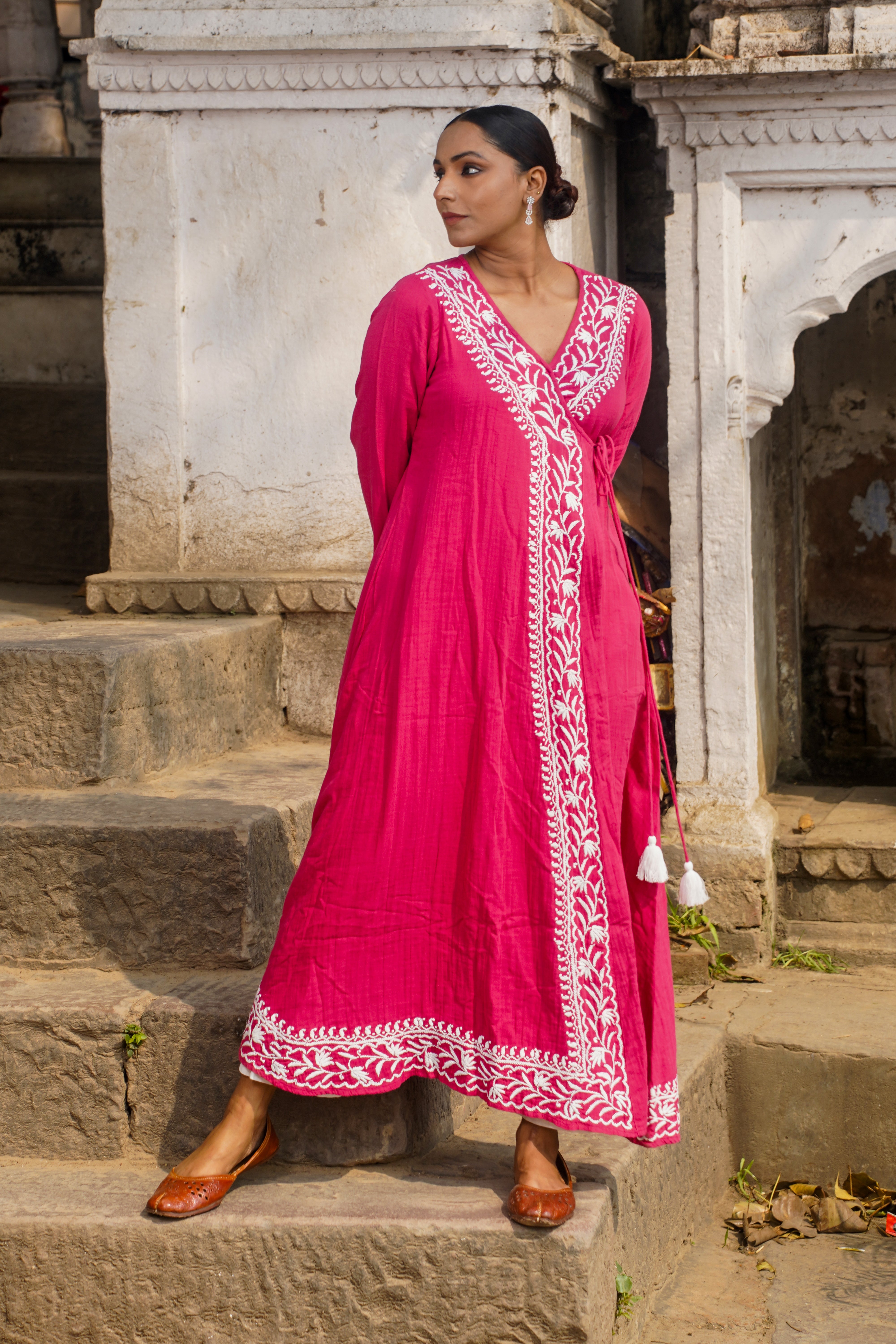 Ruby Charm: Chikankari Angrakha Long Kurta in Soft Cotton