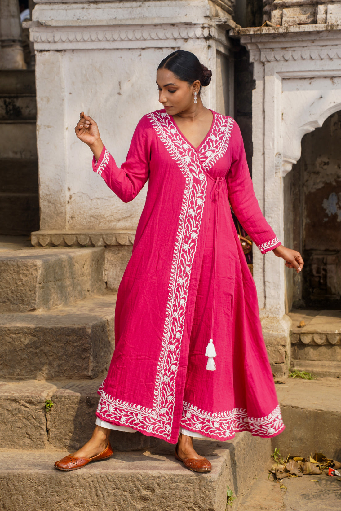 Ruby Charm: Chikankari Angrakha Long Kurta in Soft Cotton