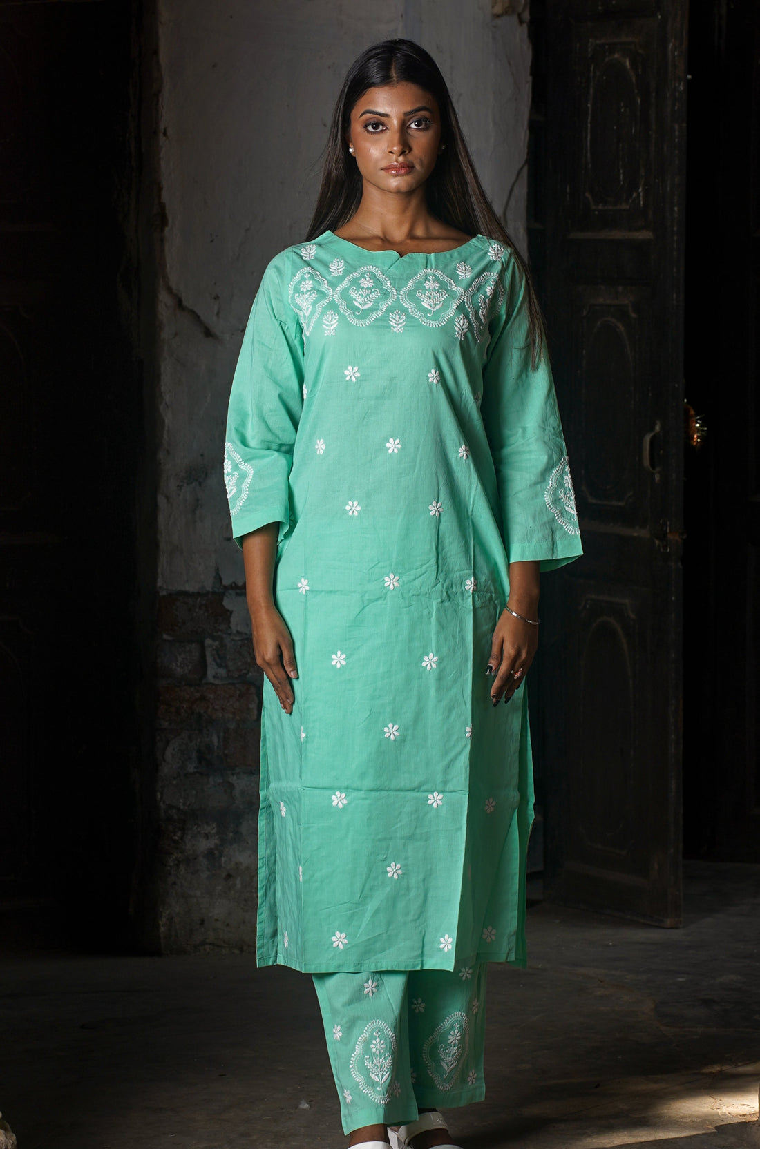 Semal Soft Cotton Boat Neck Chikankari Kurta Set in Tranquil Green