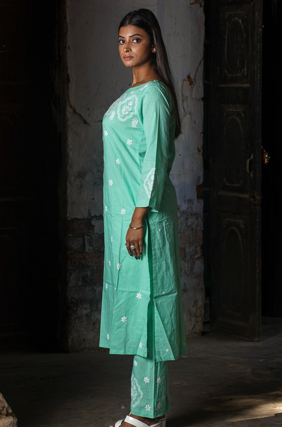 Semal Soft Cotton Boat Neck Chikankari Kurta Set in Tranquil Green