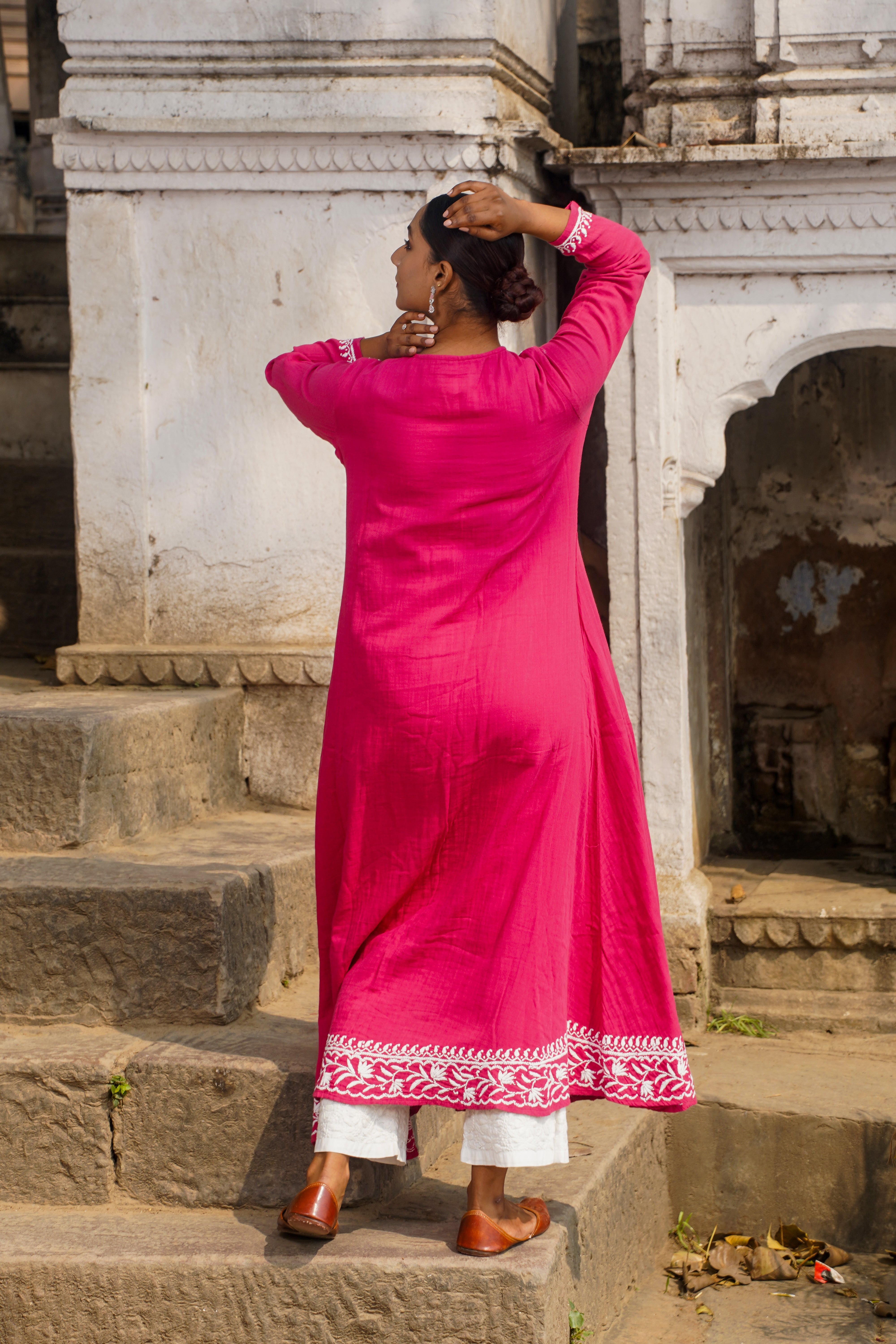 Ruby Charm: Chikankari Angrakha Long Kurta in Soft Cotton