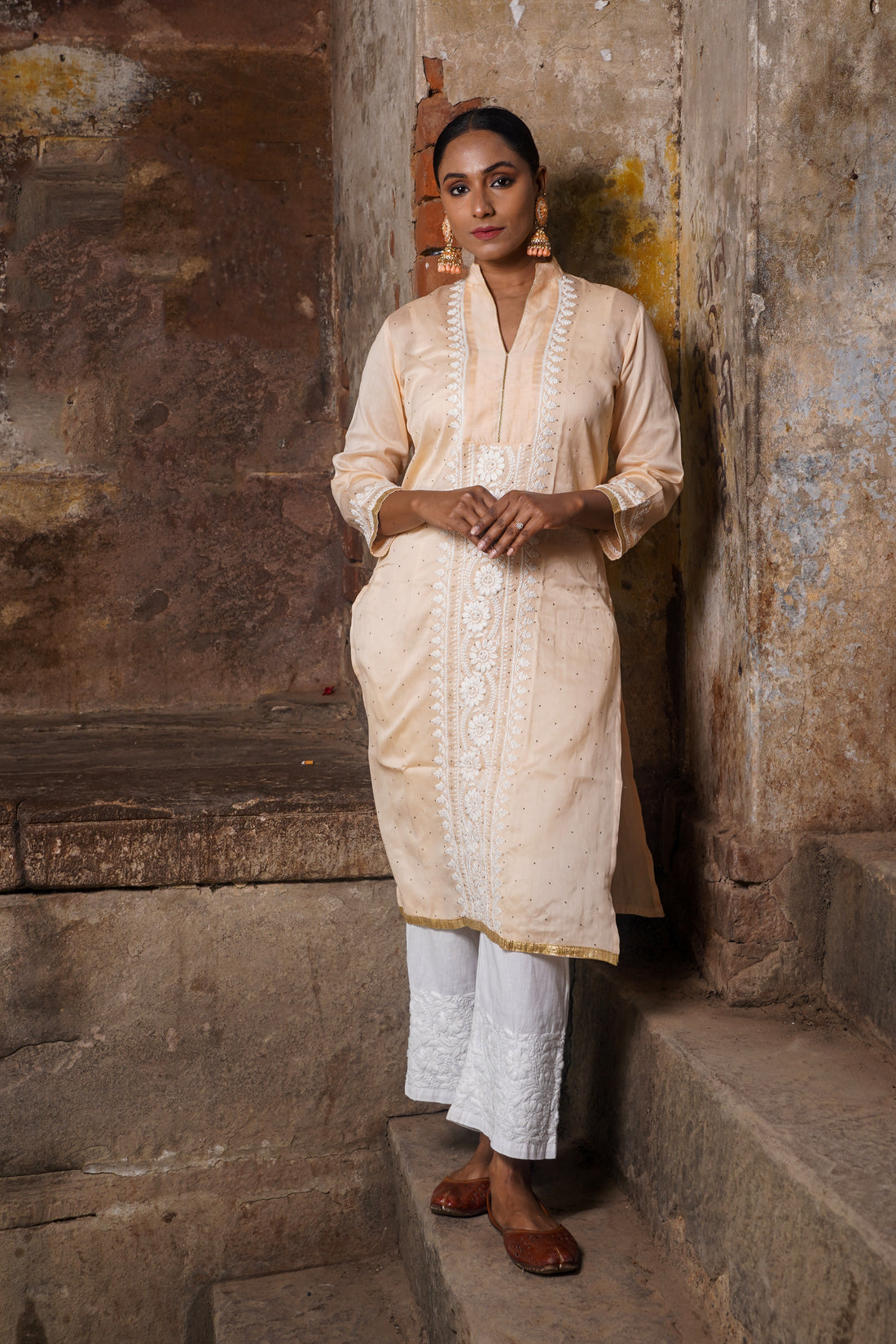 Semal Handicrafts Chikankari Chanderi kurta with Mukaish work