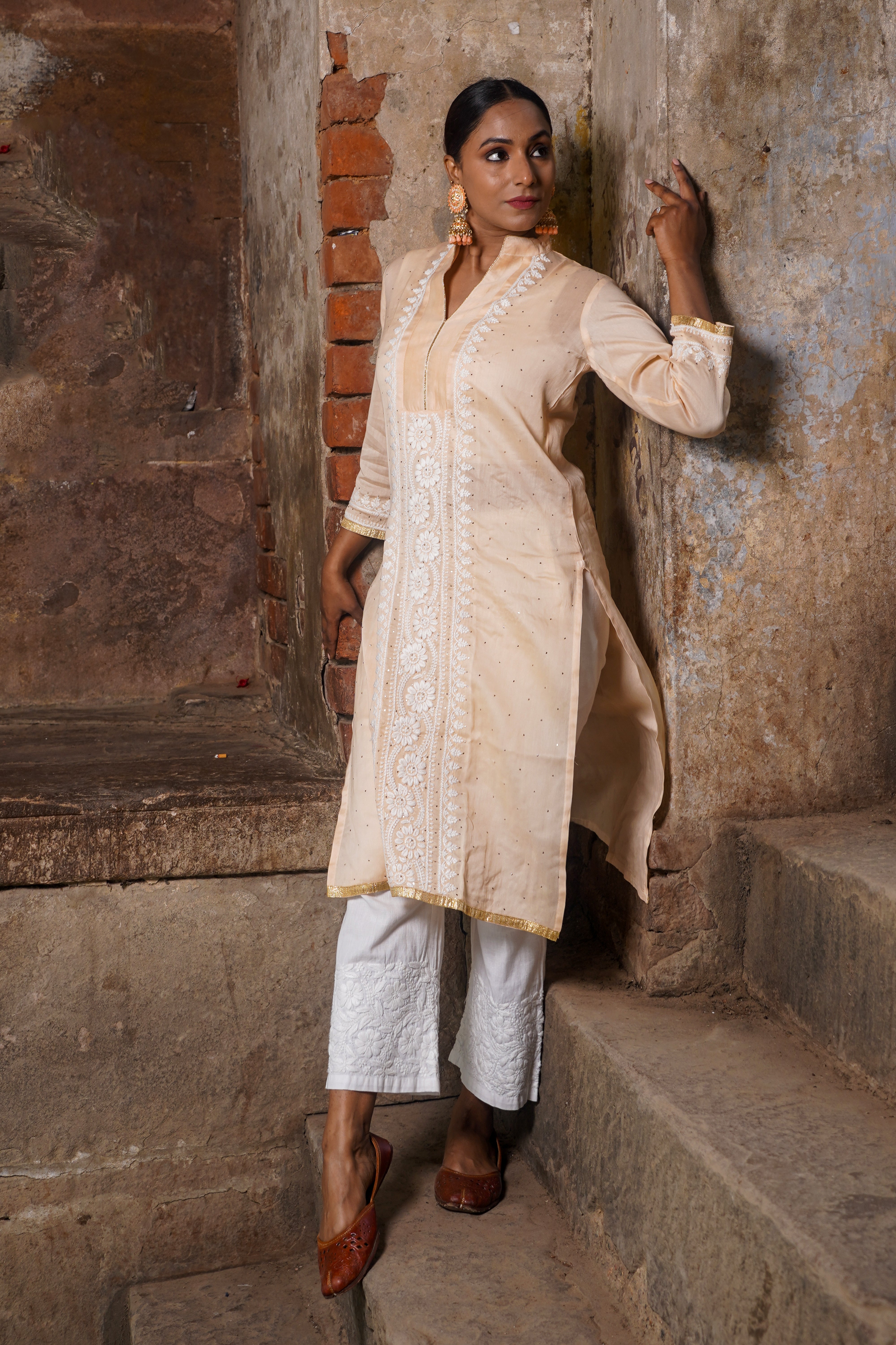 Semal Handicrafts Chikankari Chanderi kurta with Mukaish work