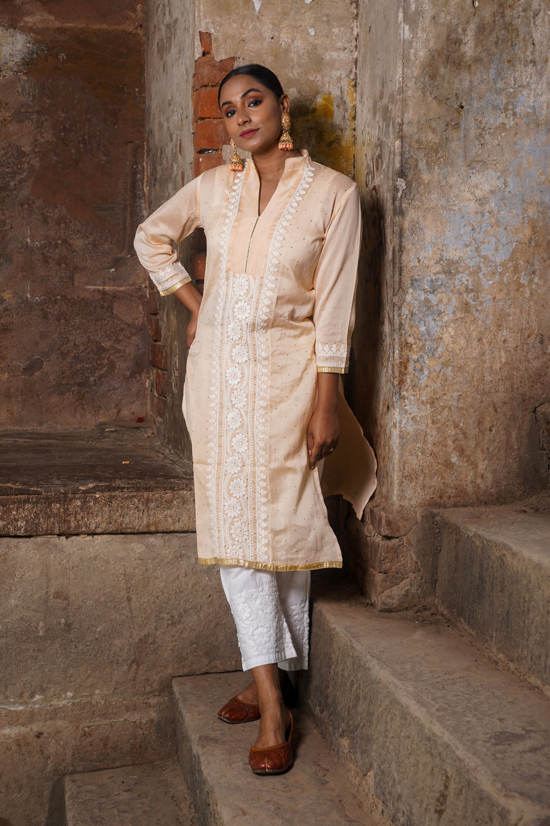 Semal Handicrafts Chikankari Chanderi kurta with Mukaish work