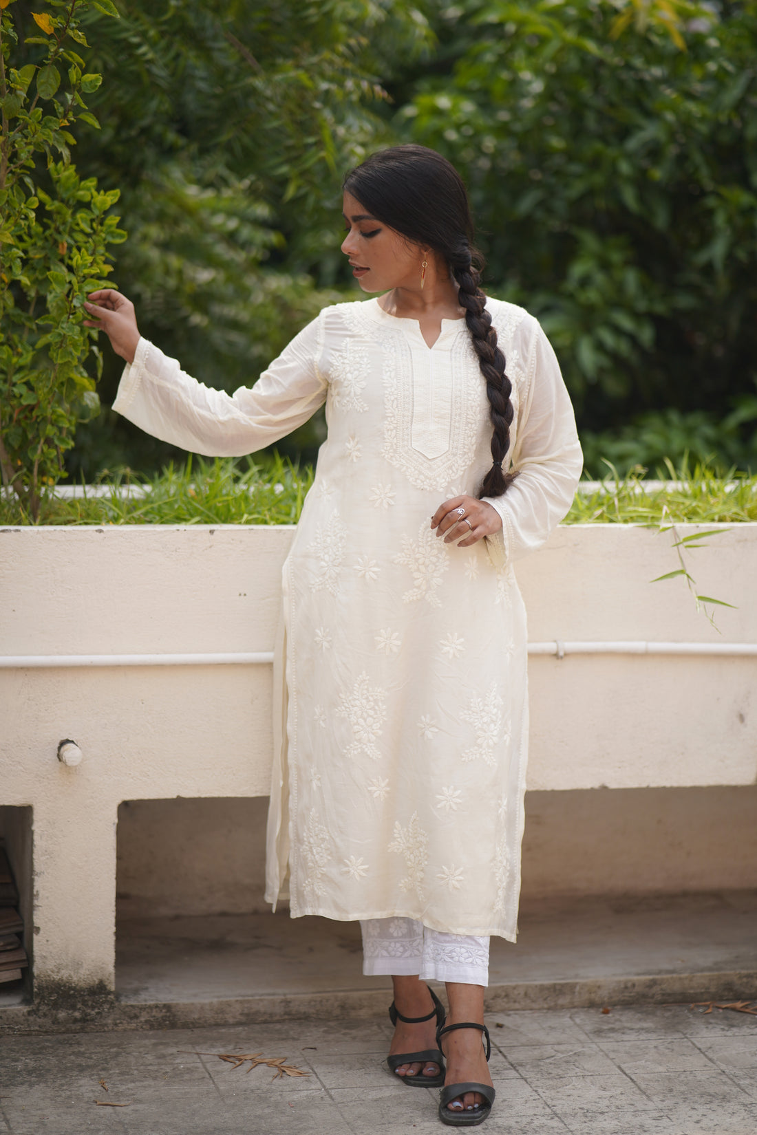 Semal Lucknow Chikankari Straight Light Beige Muslin Kurta