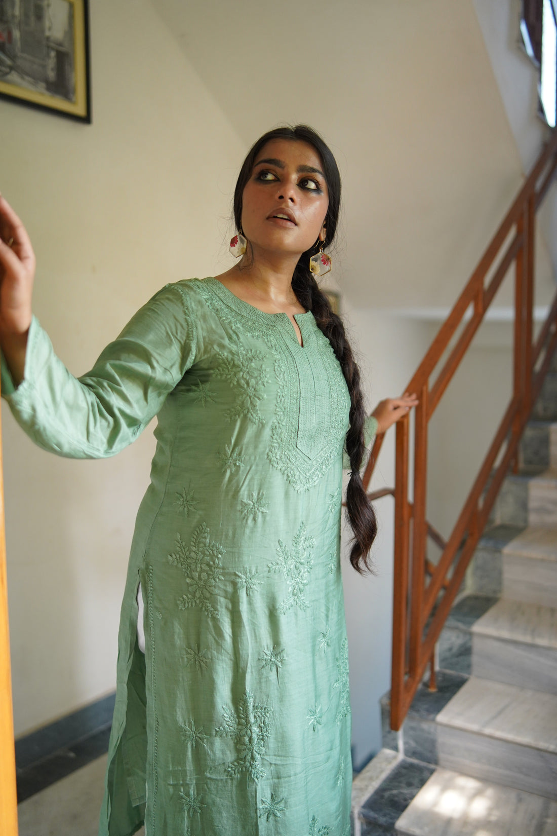 Semal Lucknow Chikankari Straight Basil Green Muslin Kurta