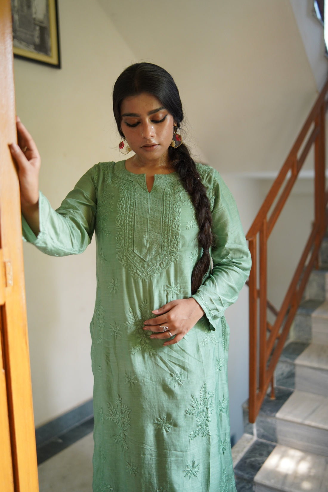 Semal Lucknow Chikankari Straight Basil Green Muslin Kurta