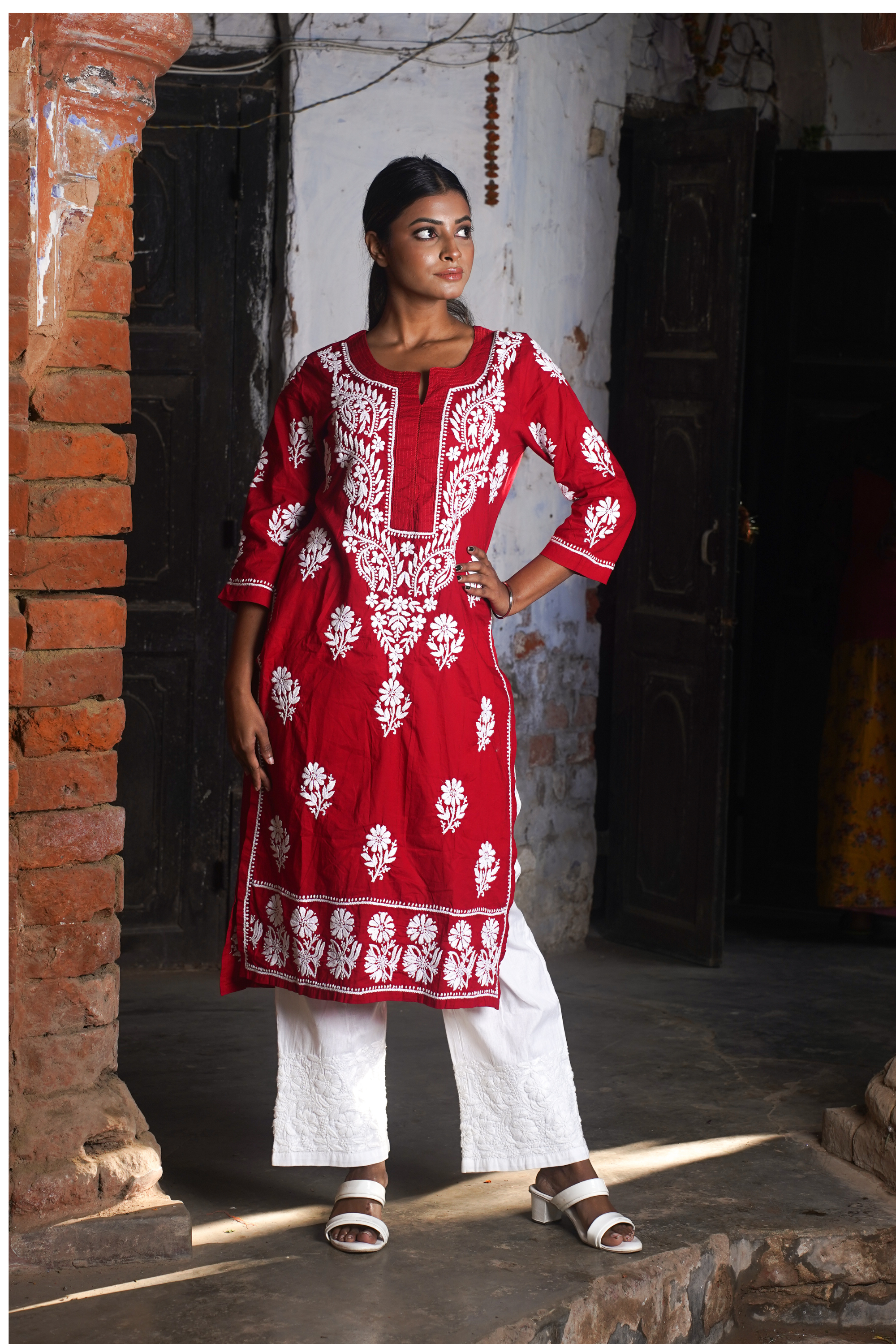 Graceful Red Chikankari Cotton Straight Kurta