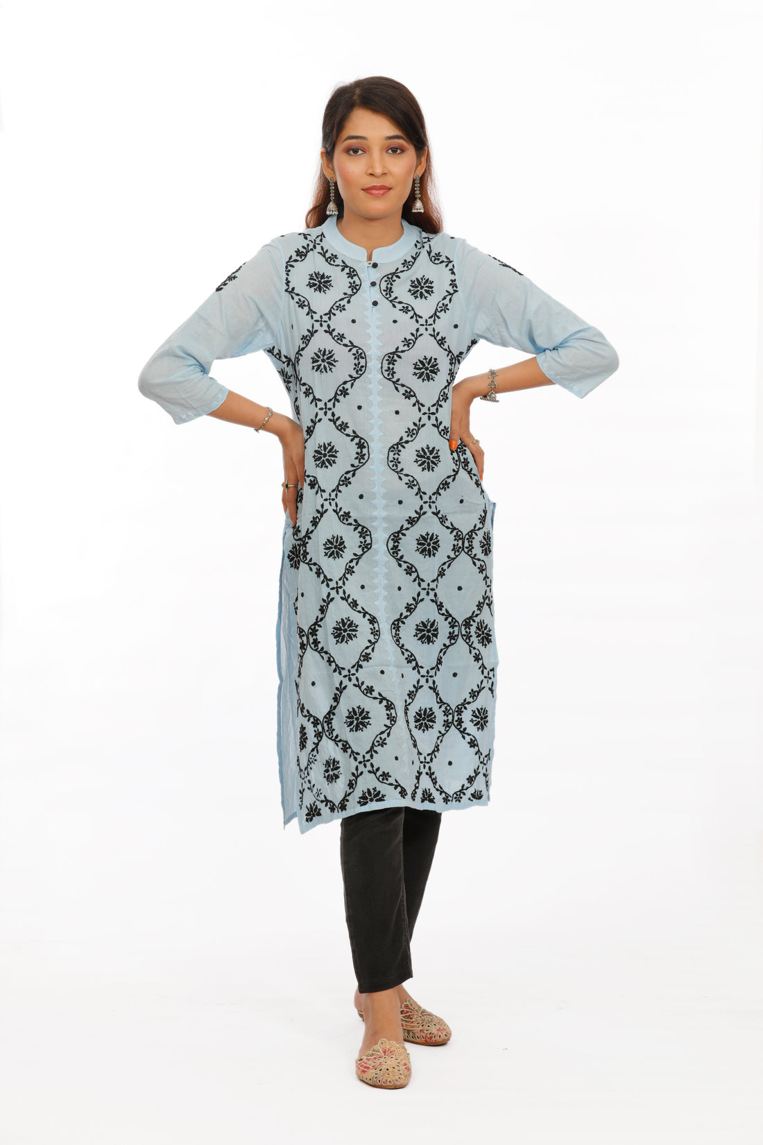 Mandarin Collar Chikankari Cotton Straight Kurta