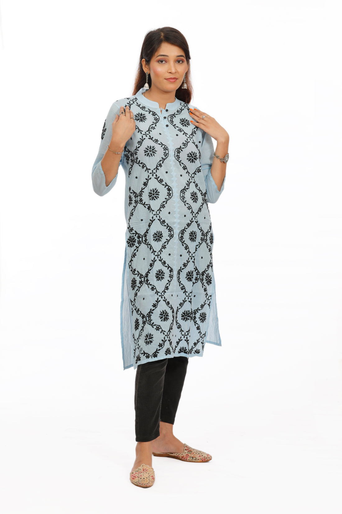 Mandarin Collar Chikankari Cotton Straight Kurta